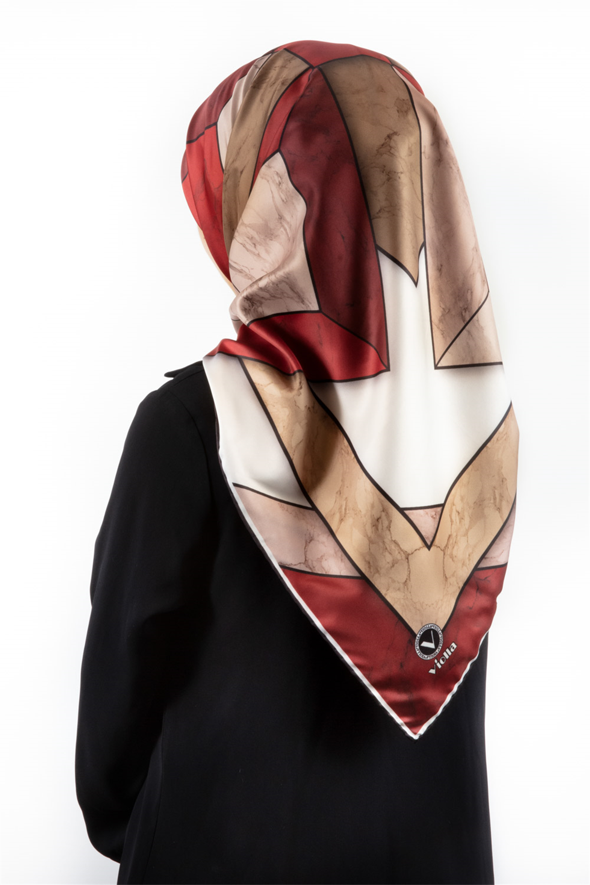 Twill Mermer Desenli Bordo - Bej Renkli 90x90 Eşarp (İpek İçermez) Kenar Dikiş Şekli El Dikişli