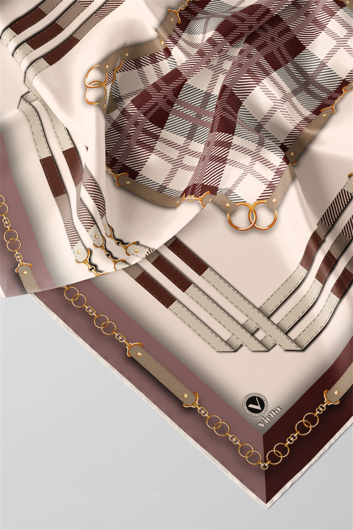 Twill Ekoseli Ve Zincir Desenli Gül Kurusu Renkli 90x90 Eşarp (İpek İçermez) Dikim Şekli : El Dikişi