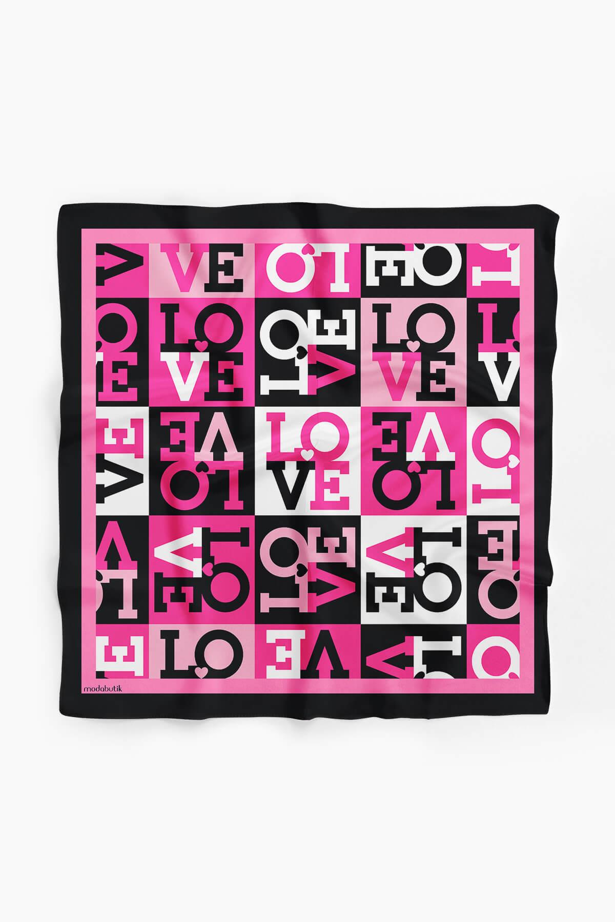 B87 Kadın Siyah Pembe Love Desenli 50x50 Bandana HYL DG0847-22