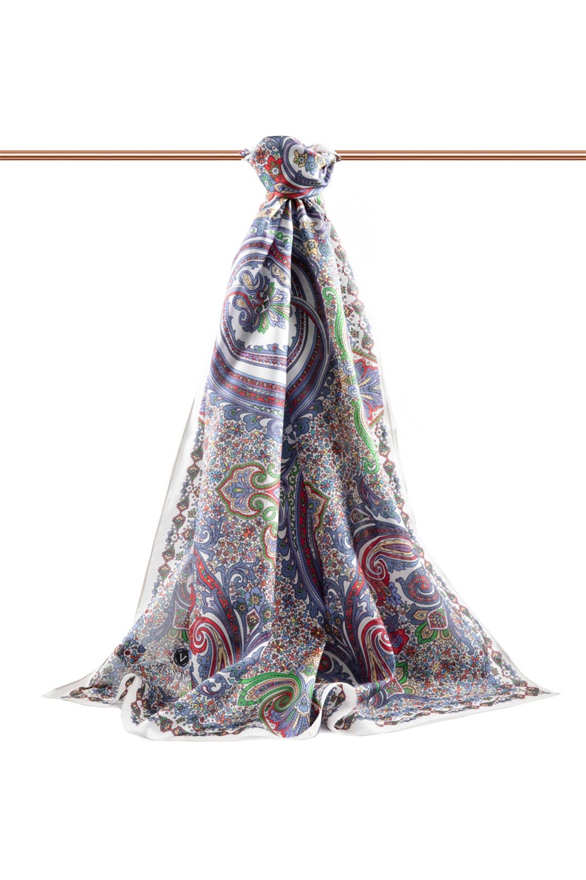 100% İpek Etro Desenli Beyaz - Lacivert Renkli 92x210 Şal