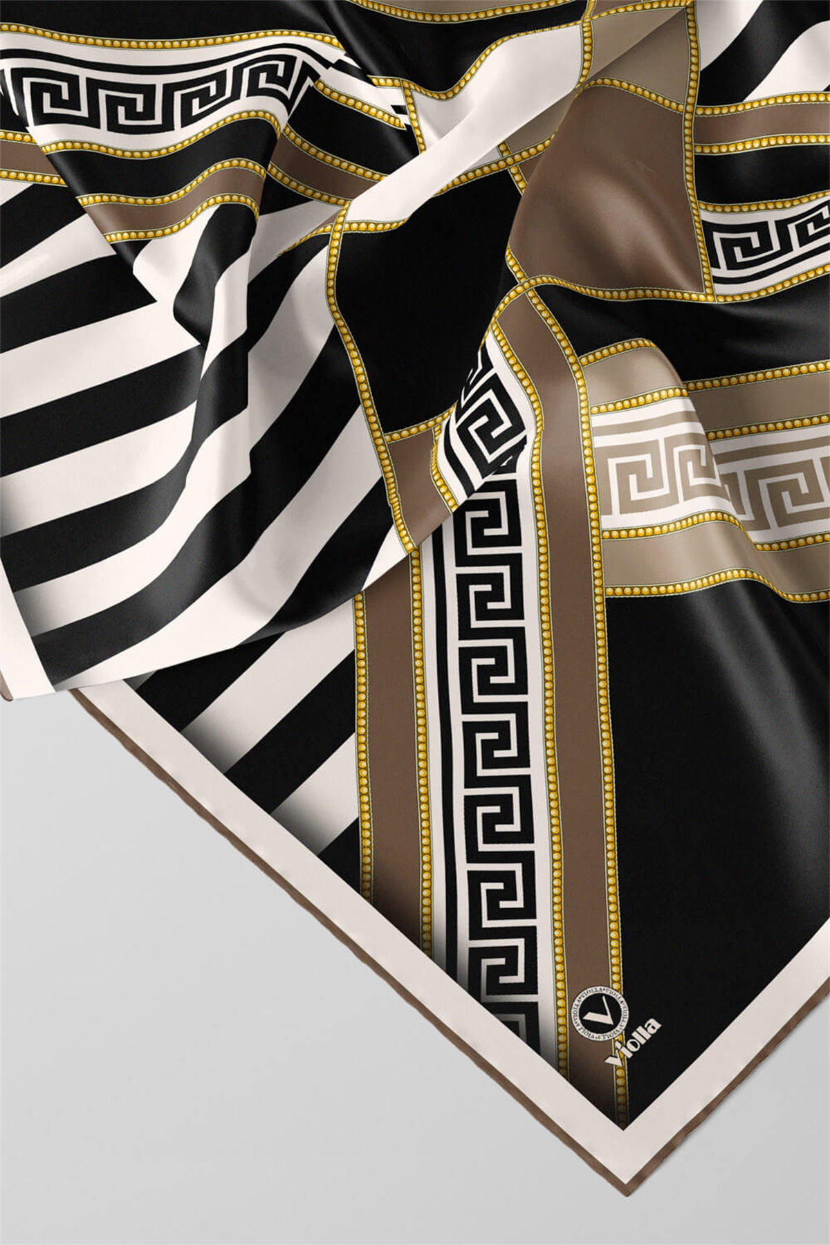 Twill Çizgili Geometrik Desenli Vizon Renkli 90x90 Eşarp (İpek İçermez) Kenar Dikiş Şekli El Dikişli
