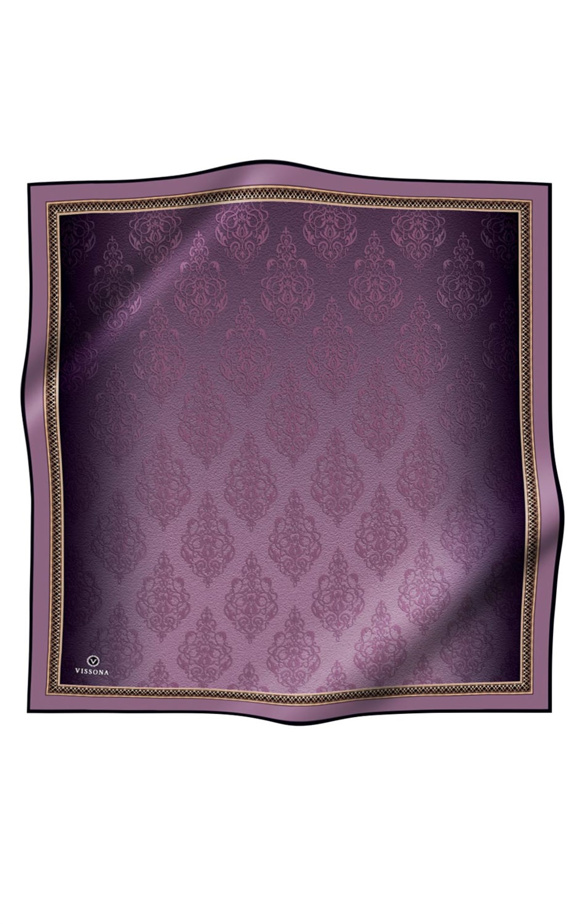 %100 Twill İpek Eşarp 90x90 Lila Barok Desenli El Dikişli Kadın Eşarp