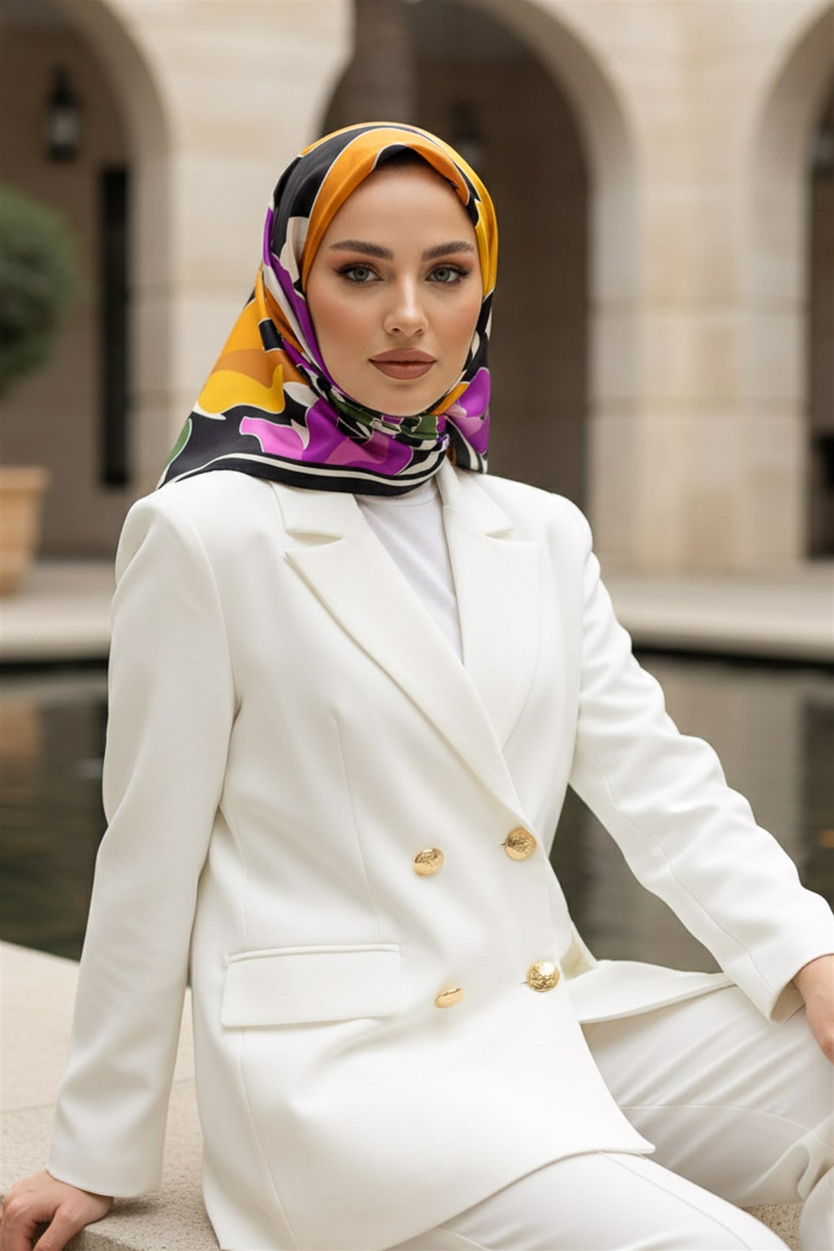%100 Twill İpek Yaprak Desenli Pembe - Hardal Renkli 90x90 Eşarp Dikim Şekli : El Dikişi