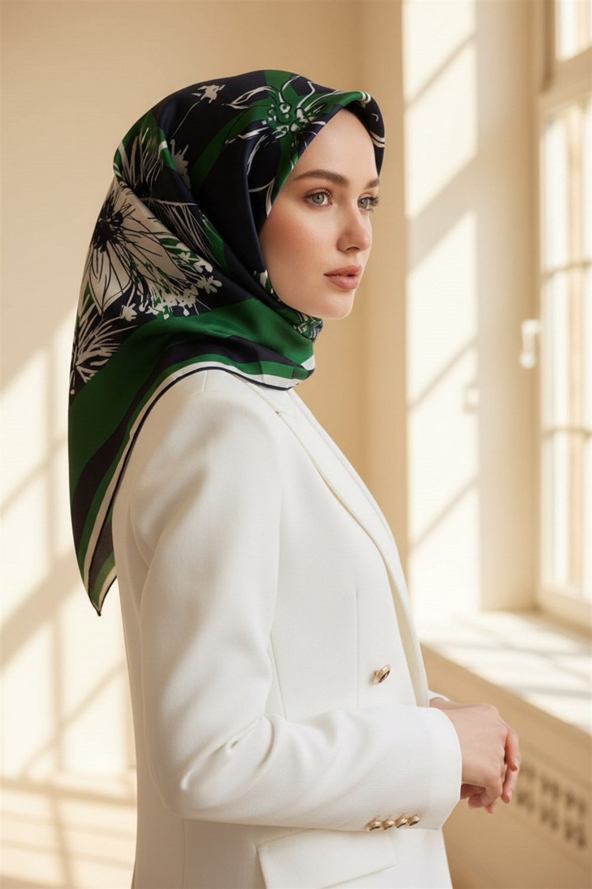 %100 Twill İpek Çiçekli ve Geometrik Desenli Zümrüt Yeşili - Lacivert Renkli 90x90 Eşarp Dikim Şekli : El Dikişi