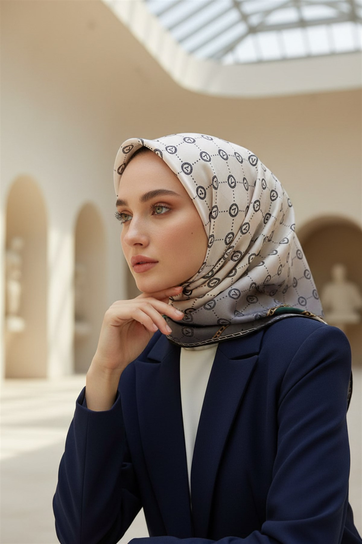 %100 Twill İpek Zincirli Ve Monogram Desenli Krem - Zümrüt Yeşili Renkli 90x90 Eşarp Dikim Şekli : El Dikişi