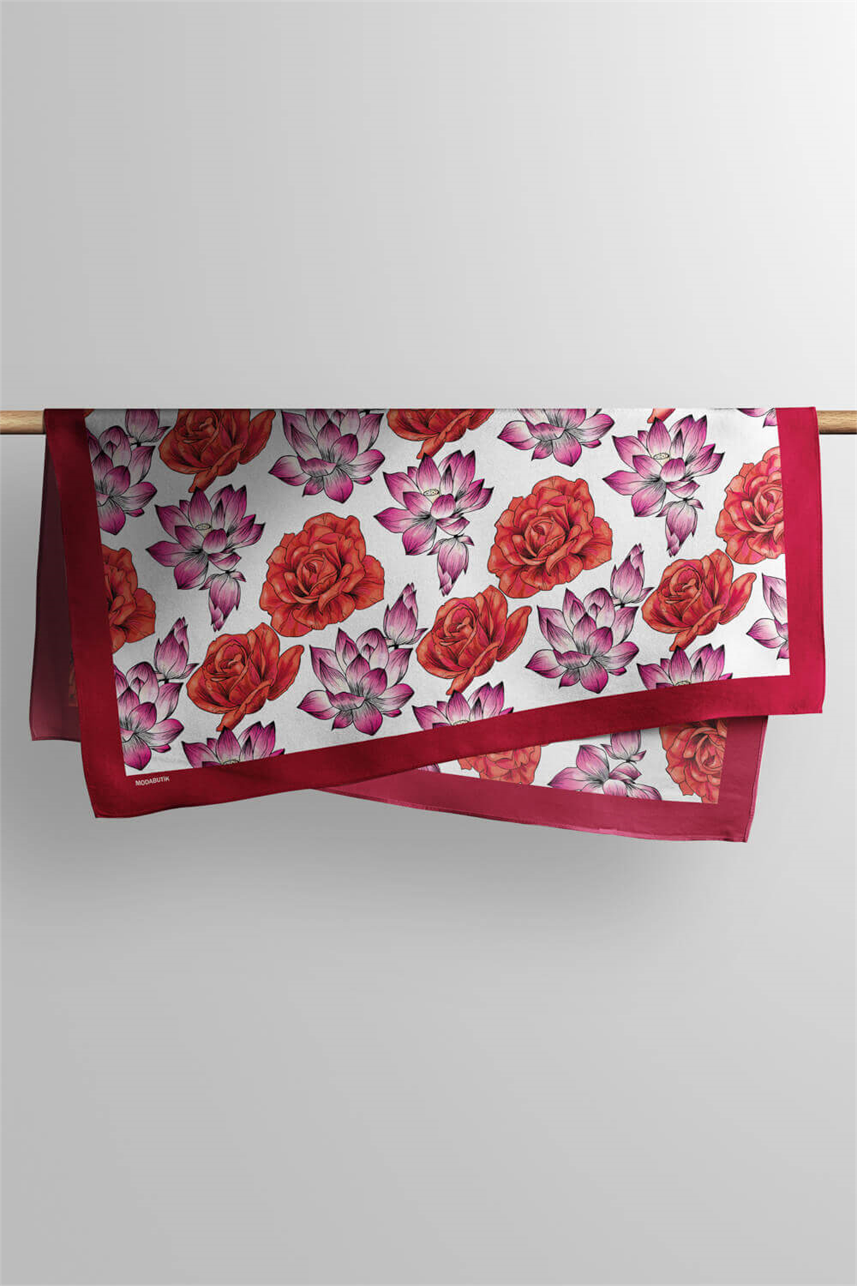 Y57 Kadın Çiçek Desenli Bandana 50x50 Kırmızı DG0139-2