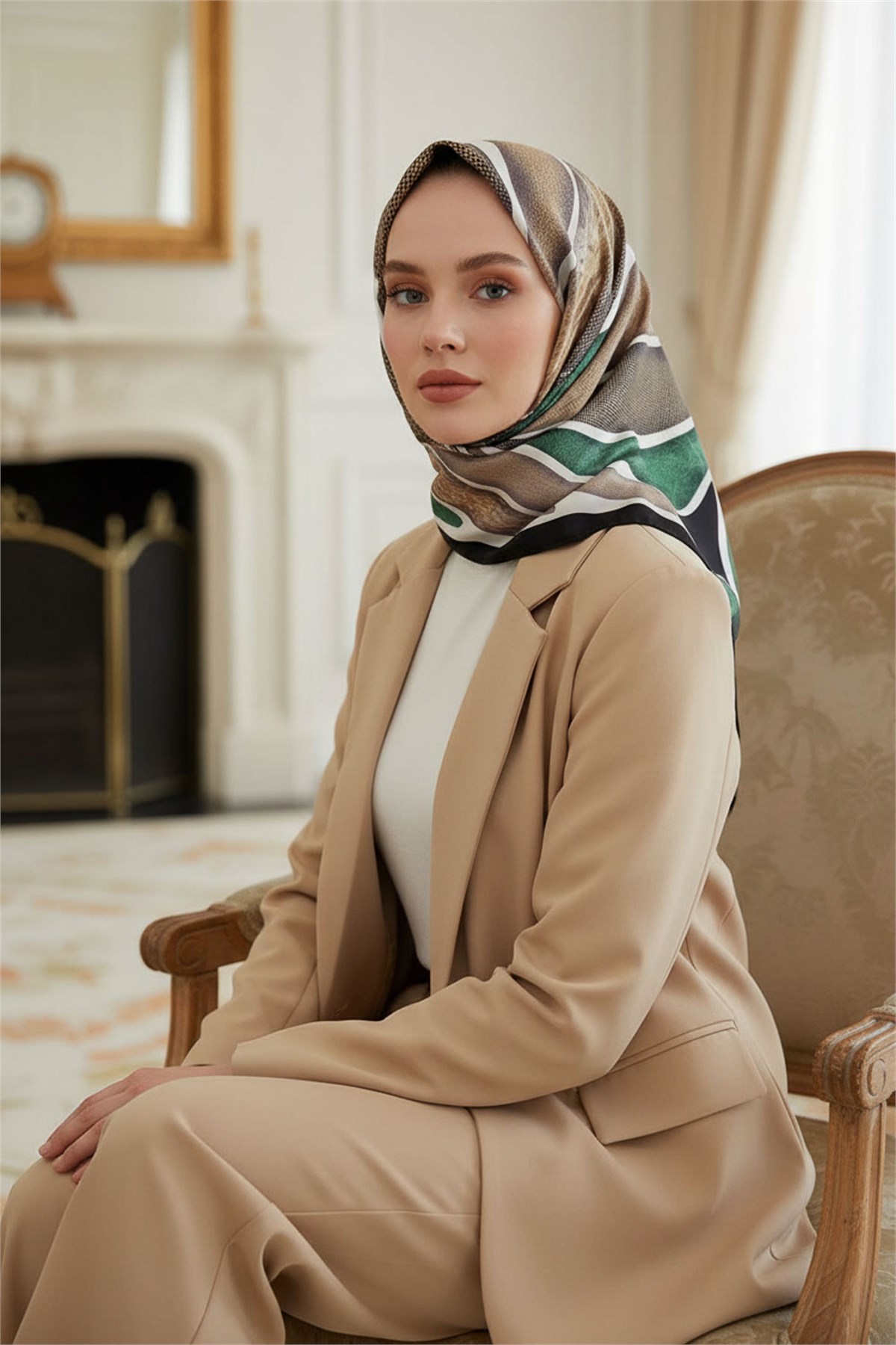 %100 Twill İpek Eşarp 90x90 Soyut Dalga Desenli El Dikişli Kadın Eşarp