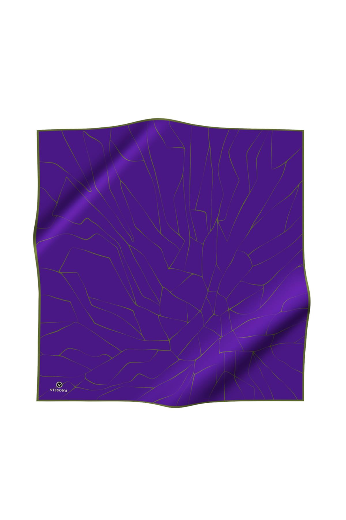 %100 Twill İpek Çizgi Desenli Mor - Haki Renkli 90x90 Eşarp Dikim Şekli : El Dikişi