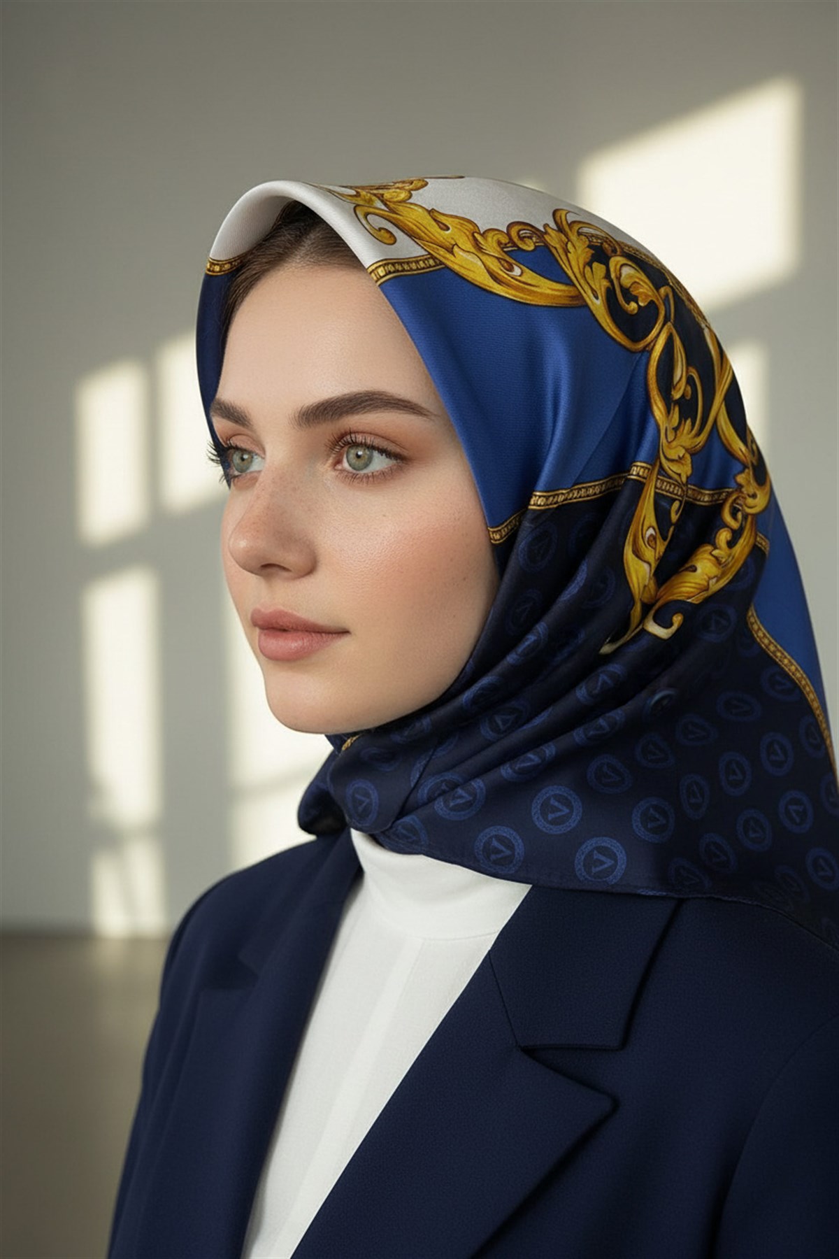%100 Twill İpek Monogram Ve Barok Desenli Lacivert - İndigo  Renkli 90x90 Eşarp Dikim Şekli : El Dikişi