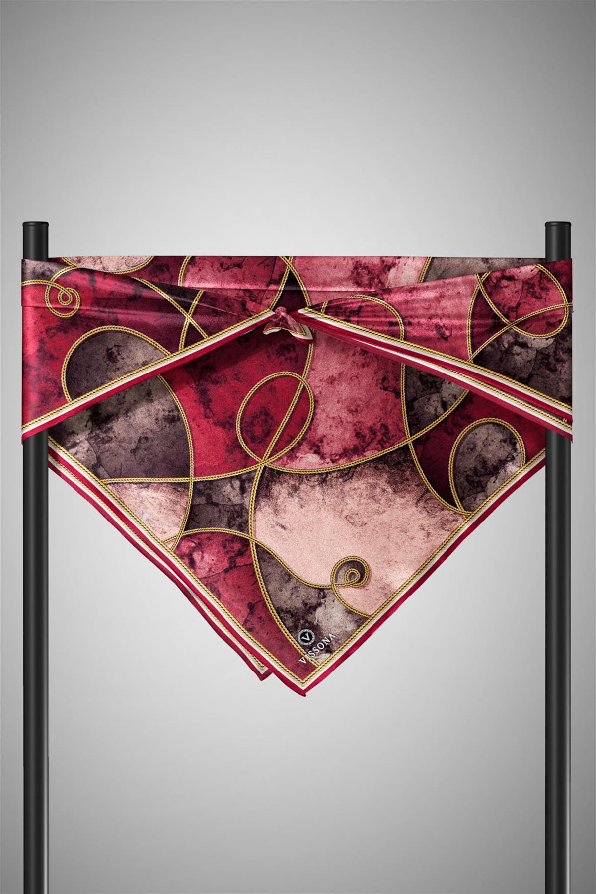 %100 Twill İpek Zincirli Mermer Desenli Bordo - Vizon Renkli 90x90 Eşarp Dikim Şekli : El Dikişi