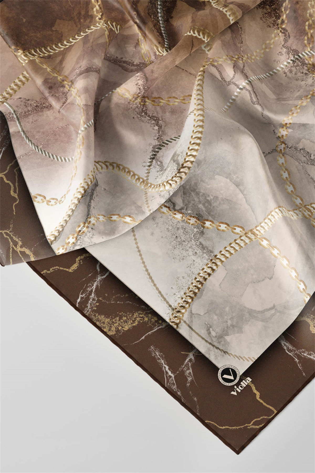 Twill Mermer ve Zincir Desenli Vizon Renkli 90x90 Eşarp (İpek İçermez) Kenar Dikiş Şekli El Dikişli
