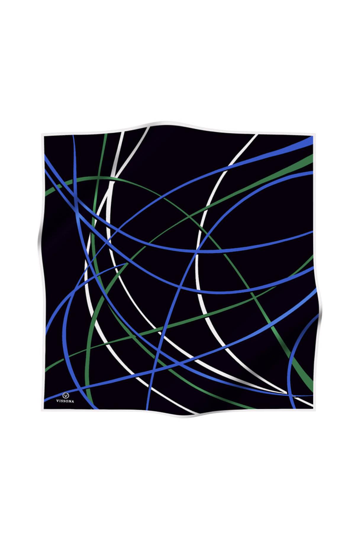 %100 Twill İpek Çizgili Desenli Saks - Zümrüt Yeşili Renkli 90x90 Eşarp Dikim Şekli : El Dikişi