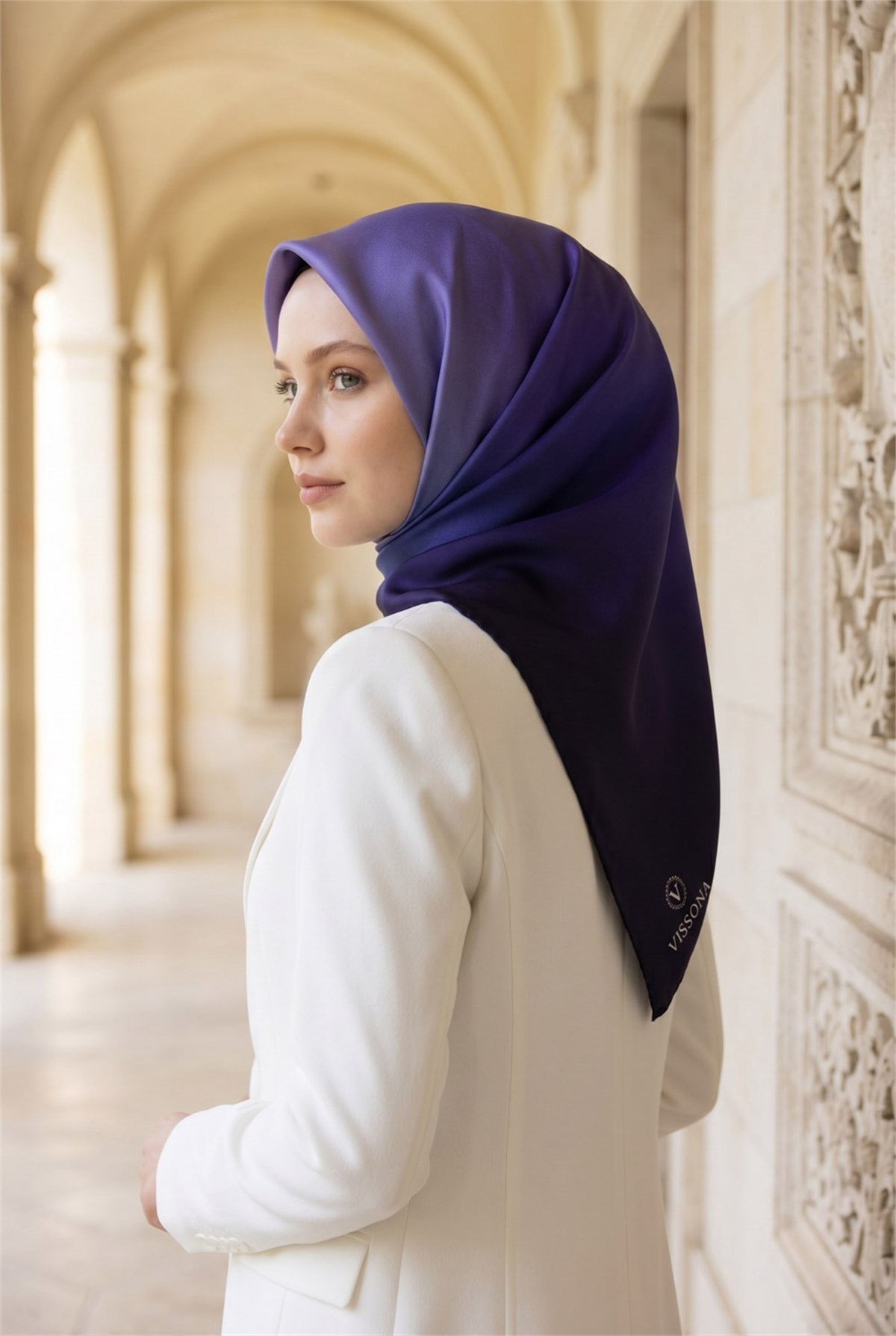 %100 Twill İpek Eşarp 90x90 Mor Degrade Desenli El Dikişli Kadın Eşarp