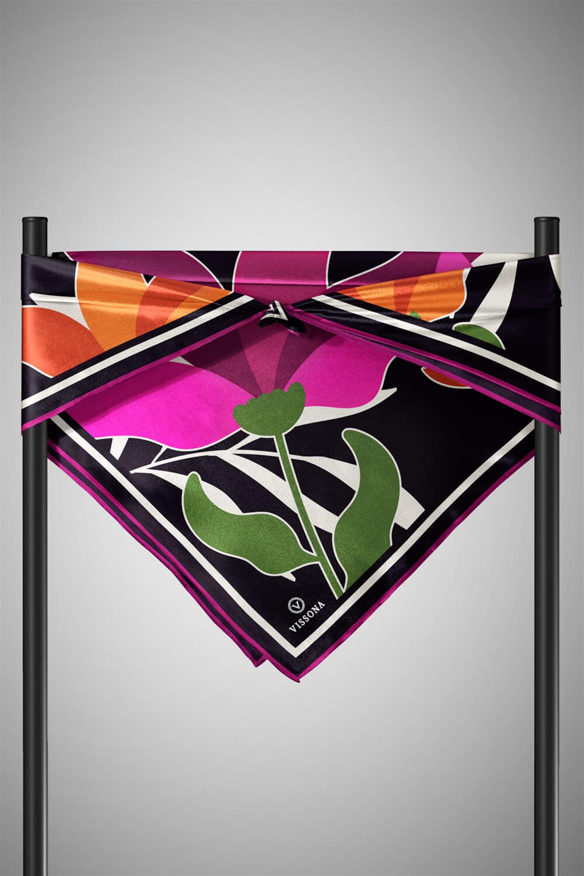 %100 Twill İpek Yaprak Desenli Taba - Mürdüm Renkli 90x90 Eşarp Dikim Şekli : El Dikişi