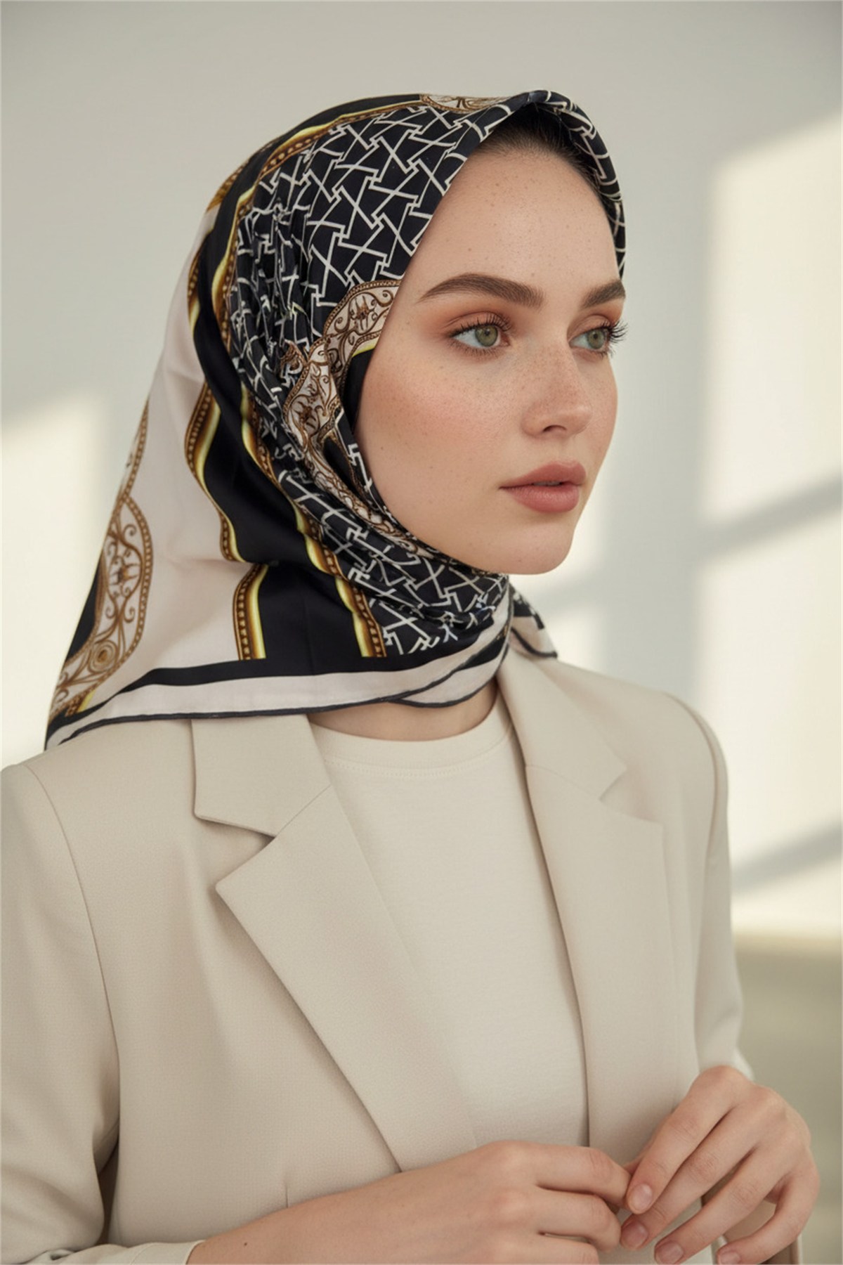 Kristal Çiçek Desenli Haki Renkli 90x90 Eşarp (İpek İçermez) Kenar Dikiş Şekli El Dikişli