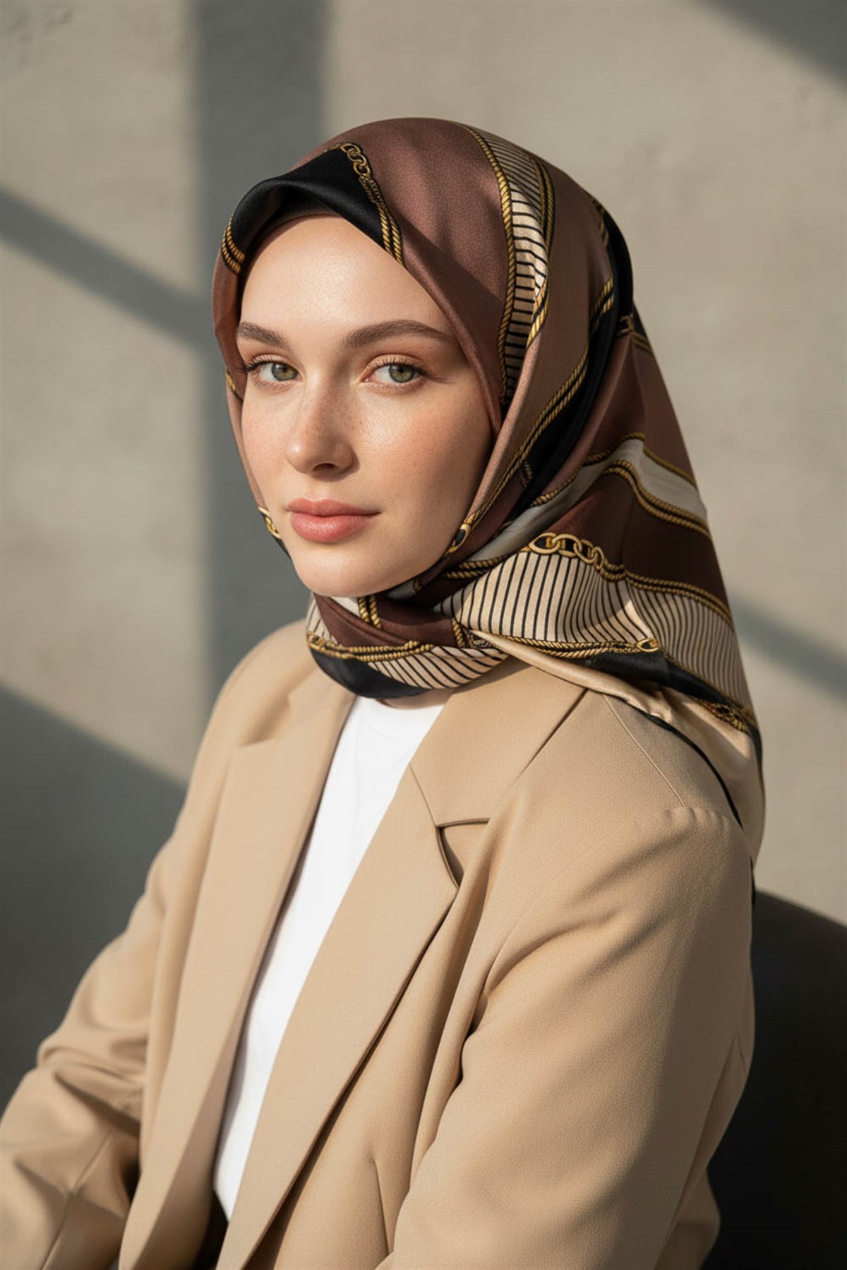 %100 Twill İpek Zincir Detaylı Geometrik Desenli Bej - Vizon Renkli 90x90 Eşarp Dikim Şekli : El Dikişi