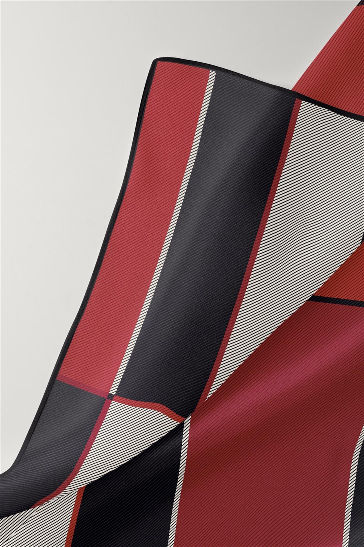 %100 Twill İpek Geometrik Desenli Bordo Renkli 90x90 Eşarp Dikim Şekli : El Dikişi