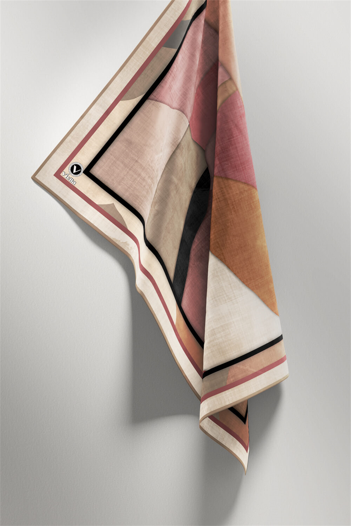 Twill Geometrik Desenli Bej Renkli 90x90 Eşarp (İpek İçermez) Kenar Dikiş Şekli El Dikişli