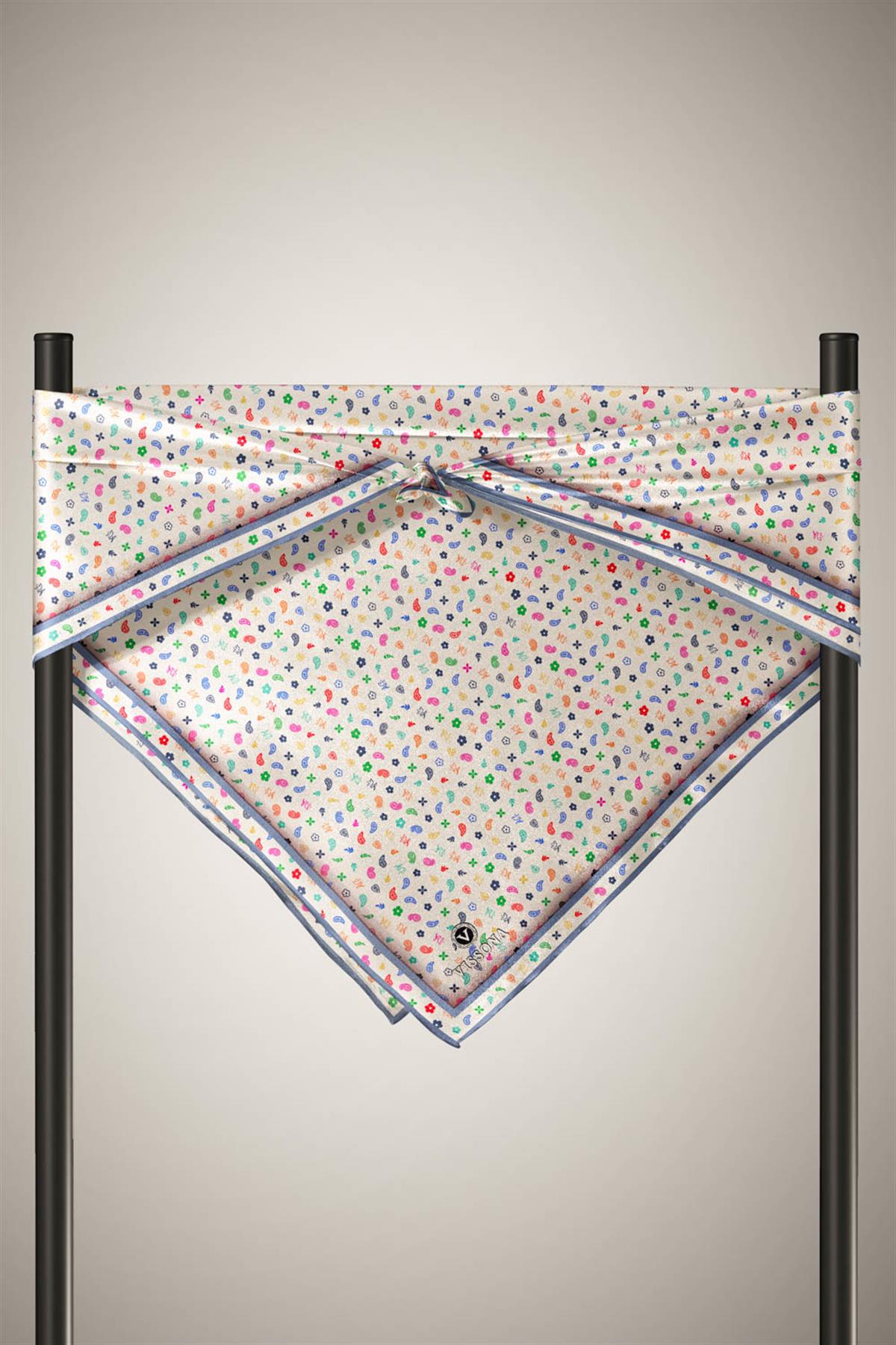 %100 Twill İpek Çıtır Desenli Krem - İndigo Renkli 90x90 Eşarp Dikim Şekli : El Dikişi