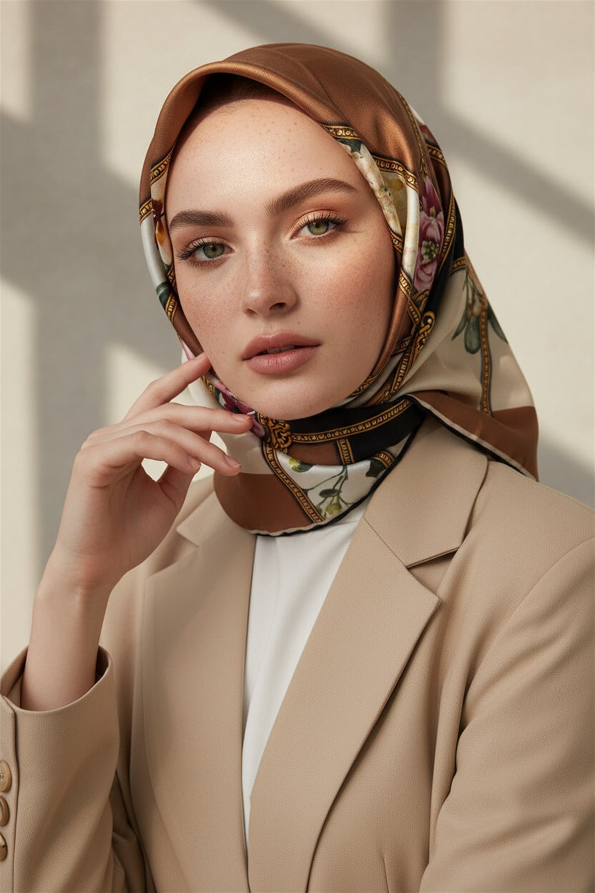 100% Twill İpek Şeritli Çiçek Desenli Bakır - Krem Renkli 90x90 Dikim Şekli : El Dikişi Eşarp