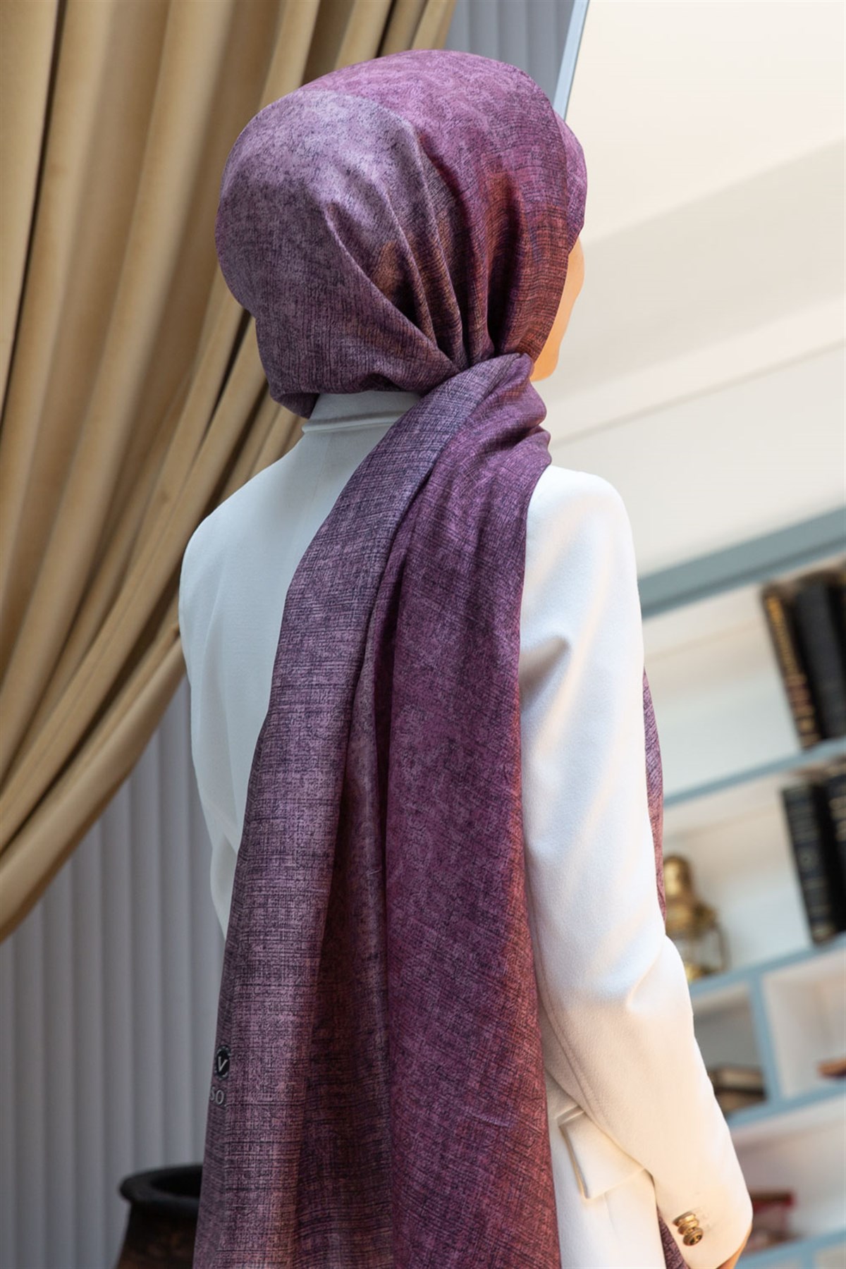 %100 Saf İpek Şal İnce Saten Vual Dokuma Damask Desenli Pudra Renkli 90x210 Şal