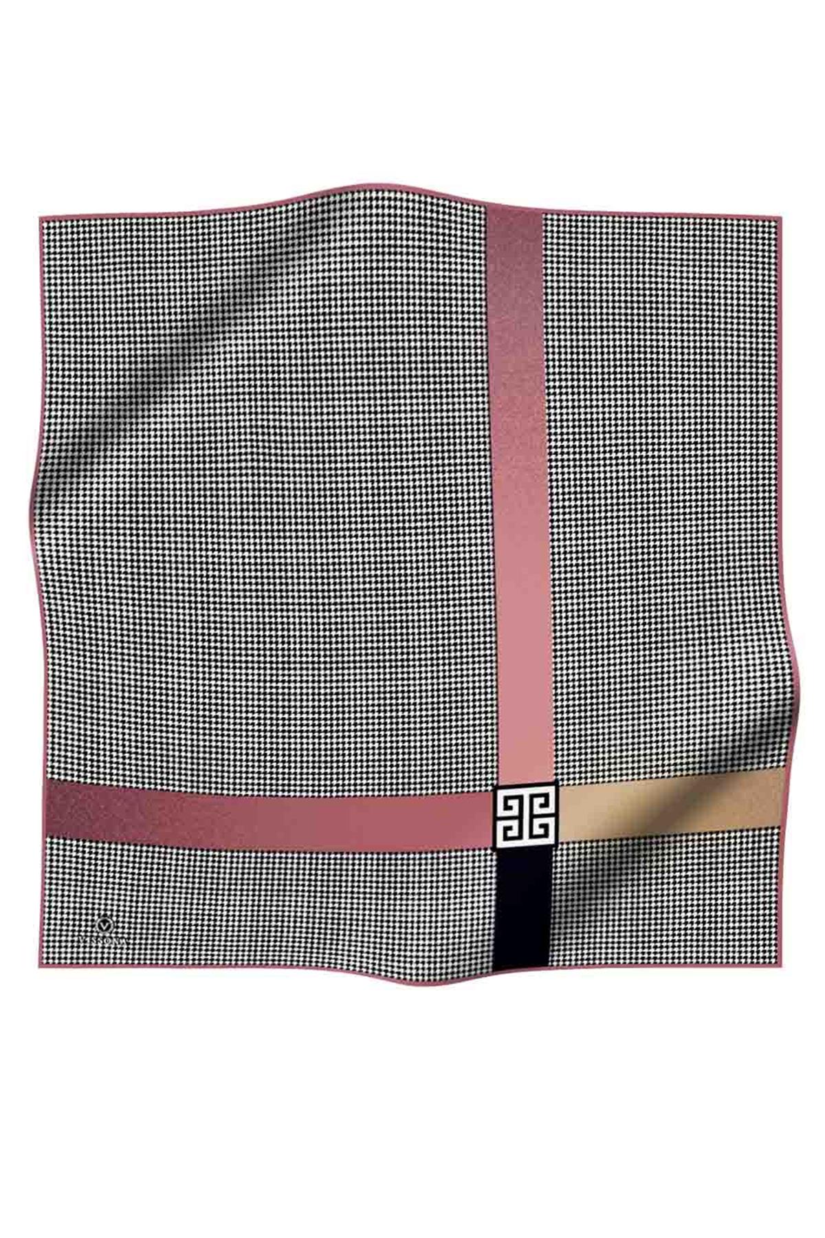 %100 Twill İpek Kazayağı Desenli Pudra - Gül Kurusu Renkli 90x90 Eşarp Dikim Şekli : El Dikişi