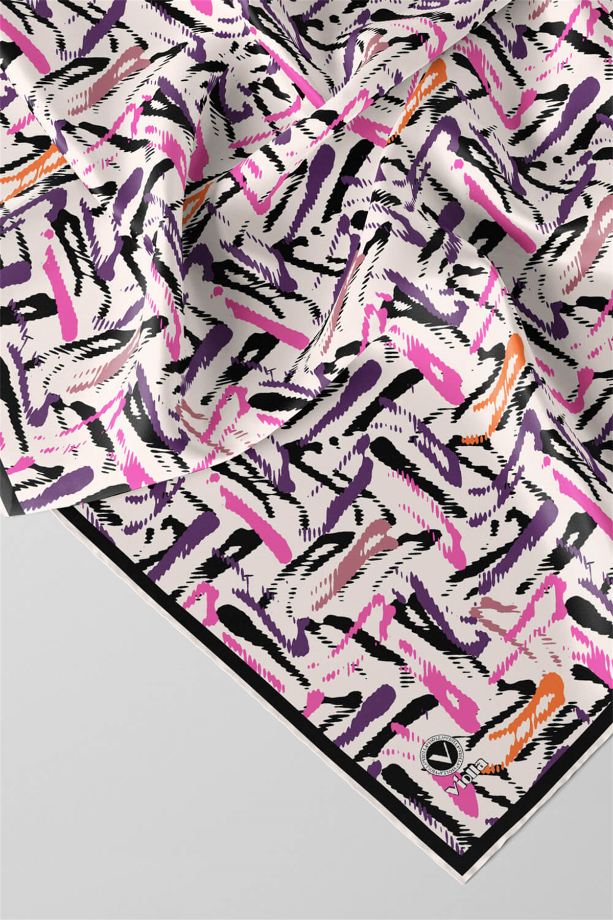 Twill Geometrik Desenli Beyaz - Mor Renkli 90x90 Eşarp (İpek İçermez) Dikim Şekli : El Dikişi