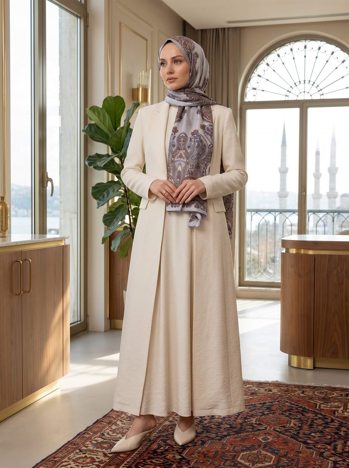 100% İpek Etro Desenli Gri Renkli 92x210 Şal