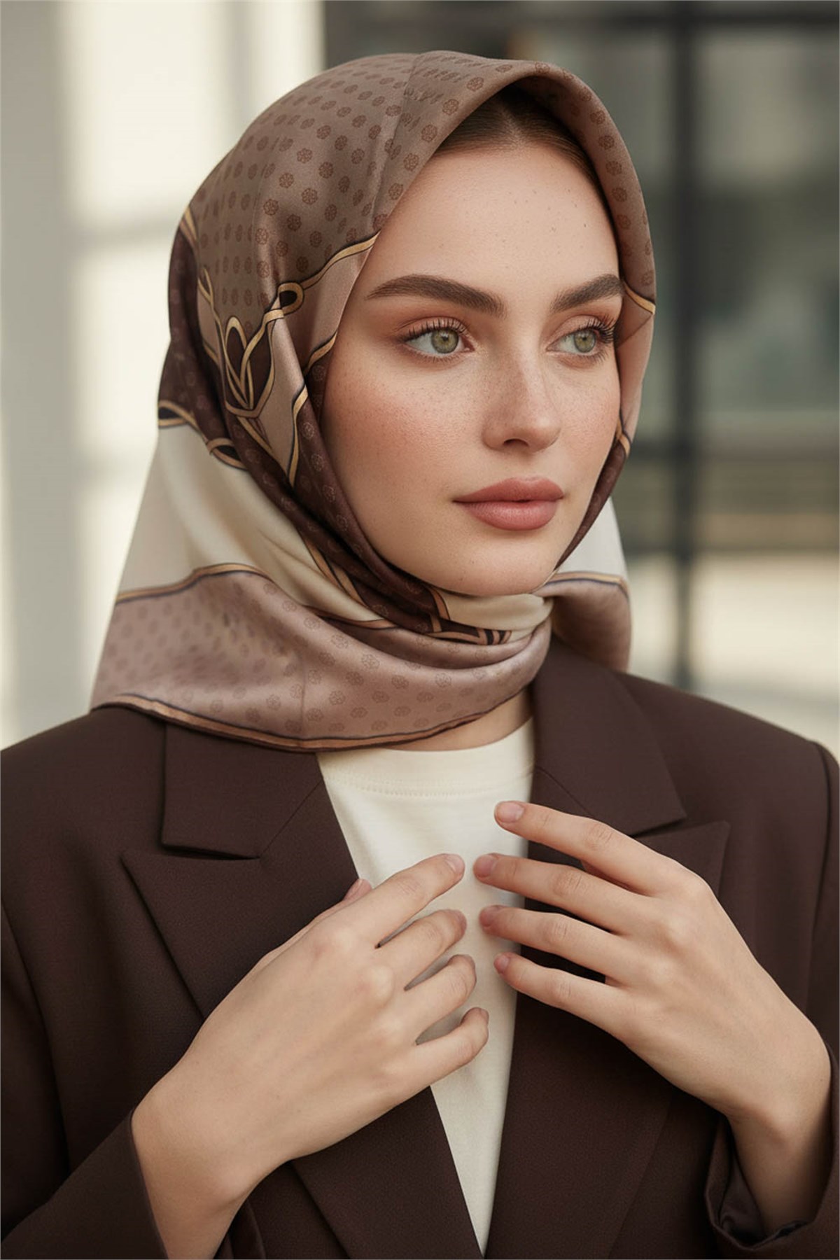 %100 Twill İpek Puantiyeli ve Geometrik Desenli Bej - Kahverengi Renkli 90x90 Eşarp Dikim Şekli : El Dikişi