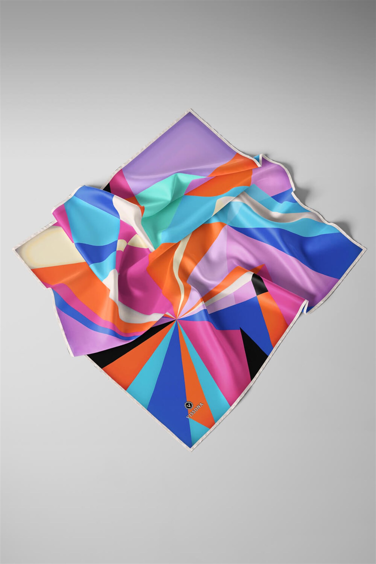 %100 Twill İpek Geometrik Desenli Fuşya - Turuncu Renkli 90x90 Eşarp Dikim Şekli : El Dikişi