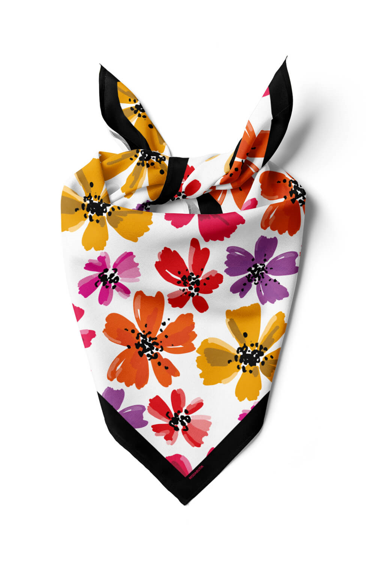 D102 Kadın Çiçek Desenli Bandana 50x50 Kırmızı Sarı DG0176-22