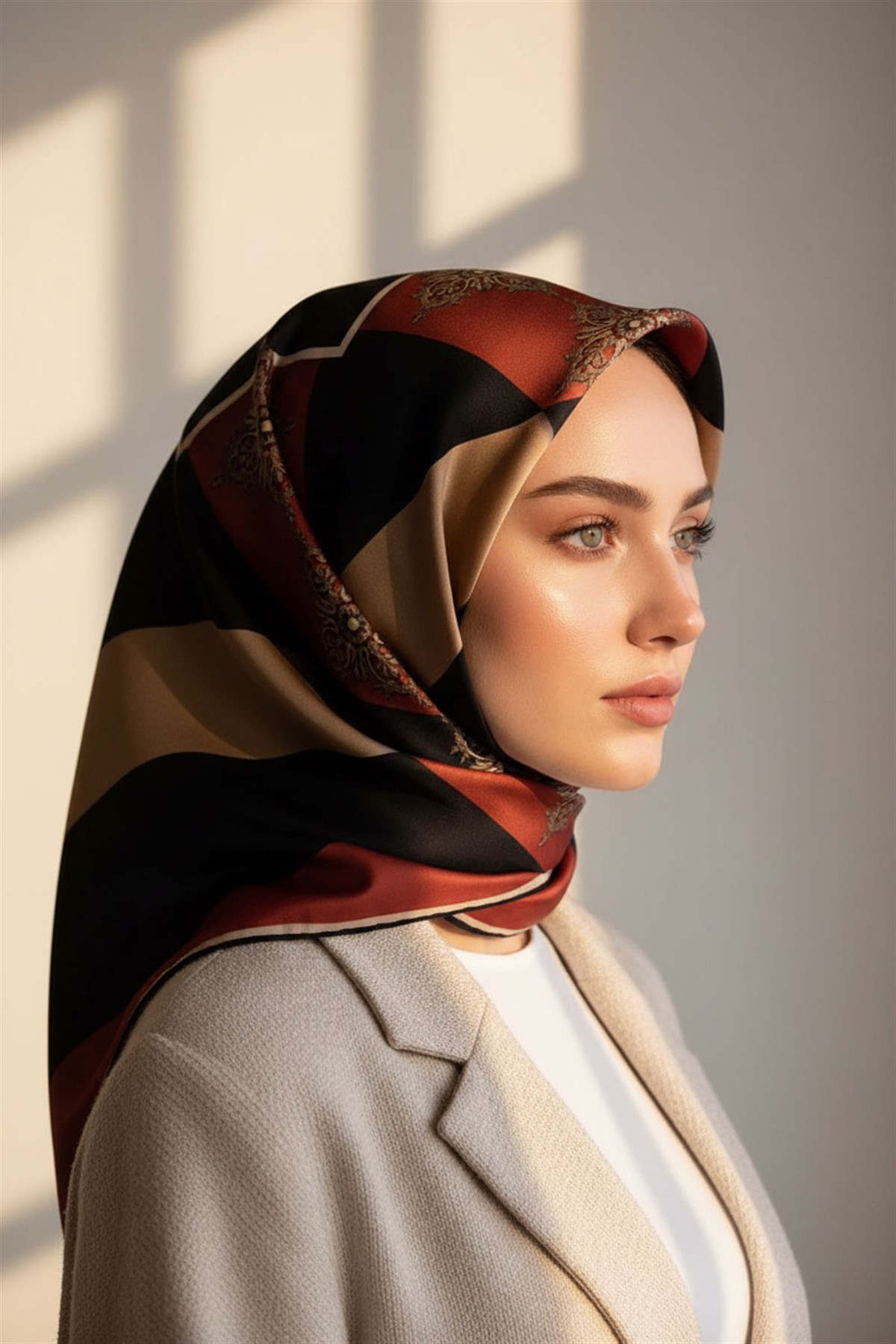 %100 Twill İpek Geometrik ve Barok Desenli Taba - Siyah Renkli 90x90 Eşarp Dikim Şekli : El Dikişi