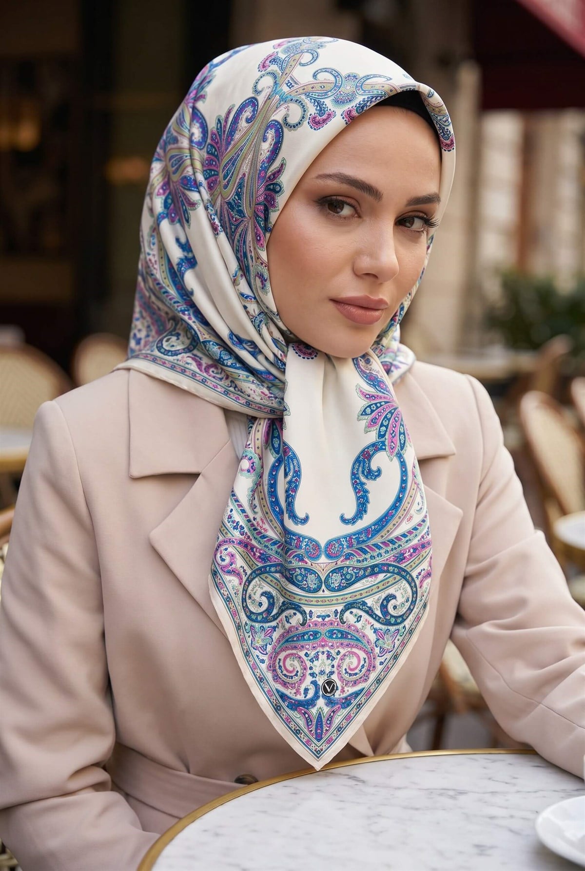 %100 Twill İpek Şal Desenli Krem - Saks Renkli 90x90 Eşarp Dikim Şekli : El Dikişi