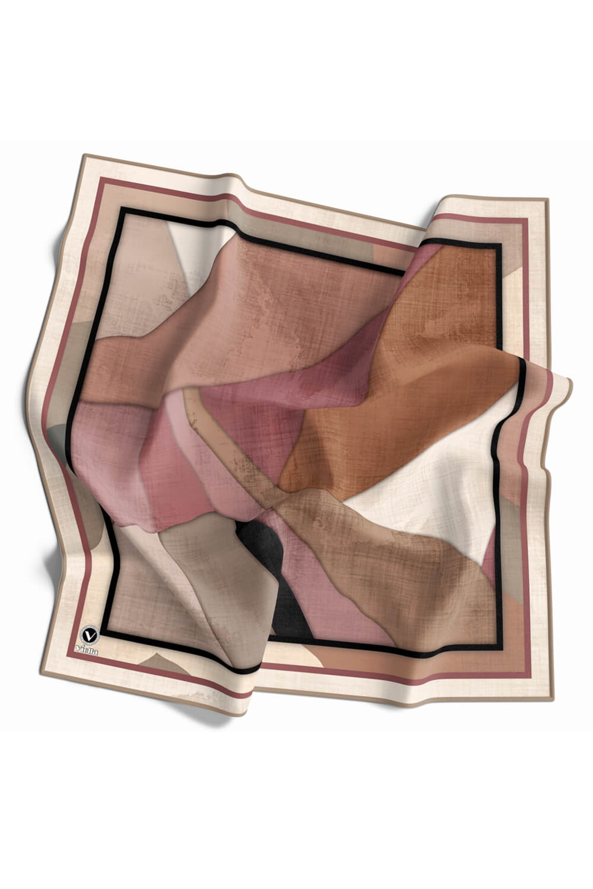 Twill Geometrik Desenli Bej Renkli 90x90 Eşarp (İpek İçermez) Kenar Dikiş Şekli El Dikişli