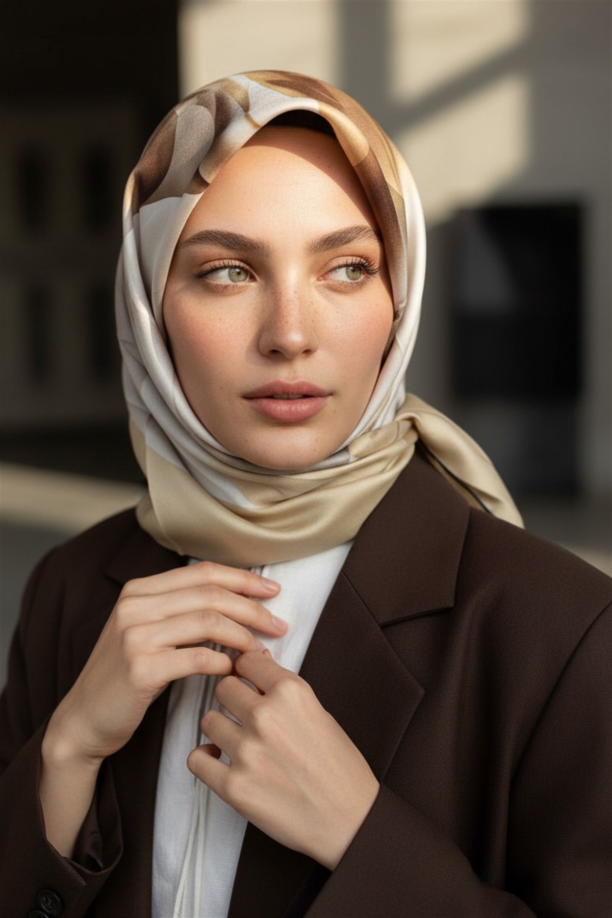 %100 Twill İpek Büyük Çiçek Desenli Sütlü Kahve - Vizon Renkli 90x90 Eşarp Dikim Şekli : El Dikişi