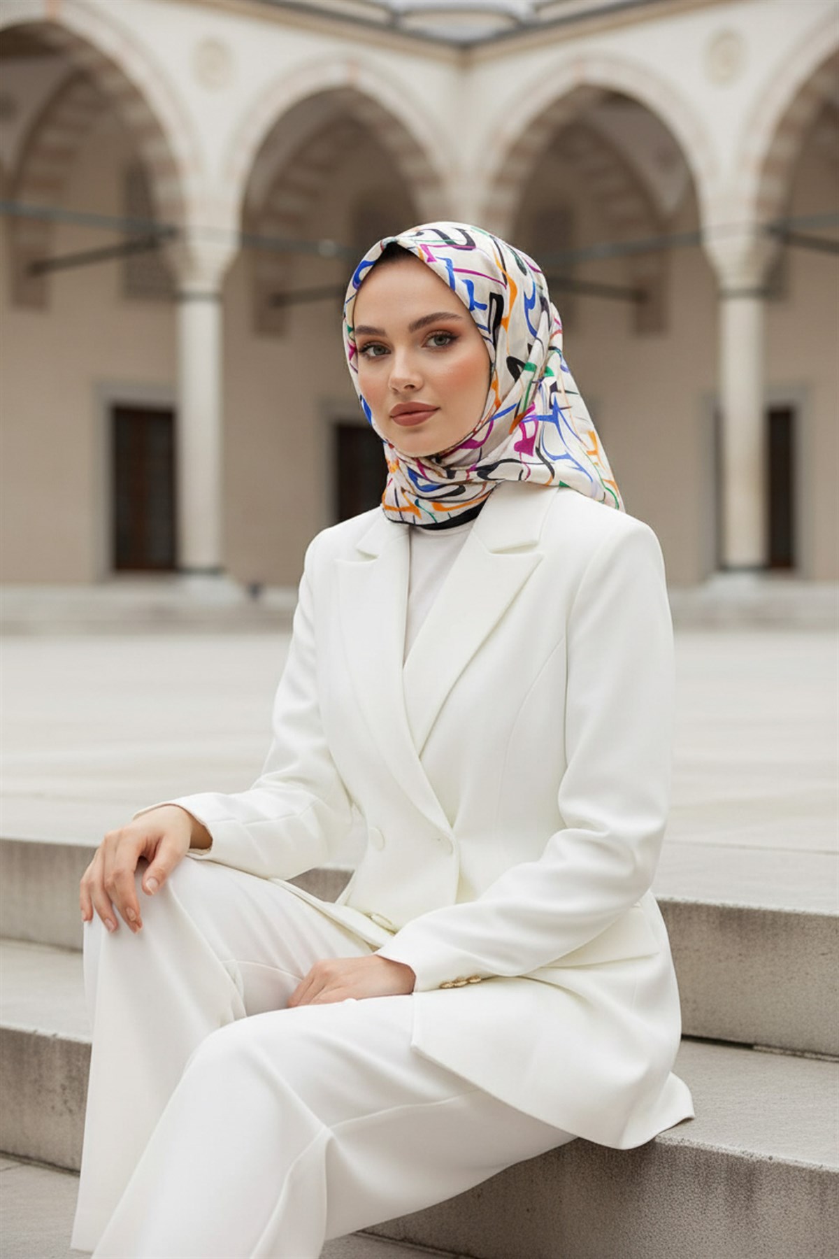 %100 Twill İpek Soyut Geometrik Desenli Mint Yeşili - Sarı Renkli 90x90 Eşarp Dikim Şekli : El Dikişi