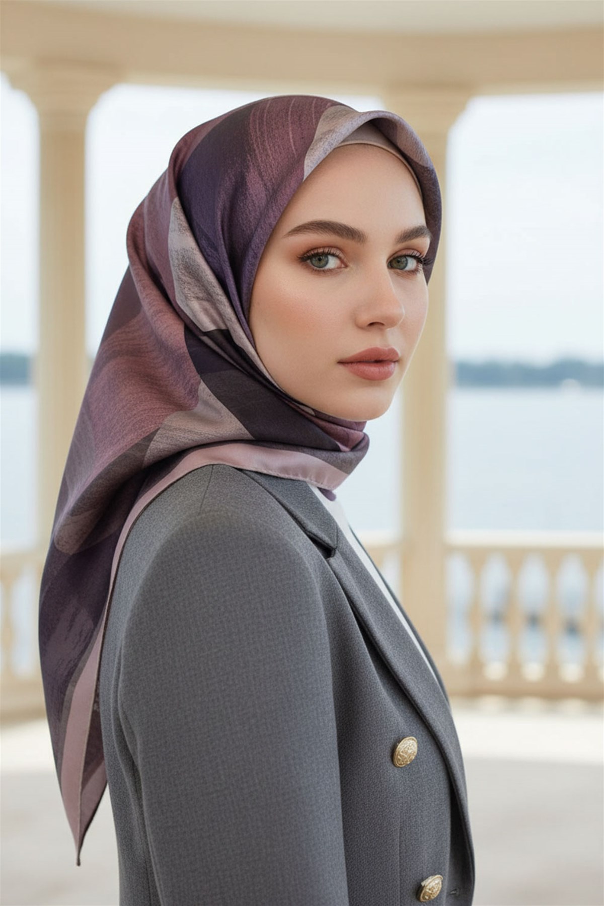 %100 Twill İpek Geometrik Desenli Lila - Pembe Renkli 90x90 Eşarp Dikim Şekli : El Dikişi