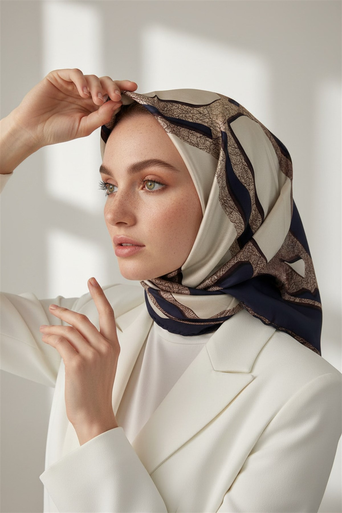 % 57 İPEK % 43 VİSKON Twill İpek Gold Efektli Geometrik Desenli Lacivert - Krem Renkli 90x90 Eşarp Dikim Şekli : El Dikişi
