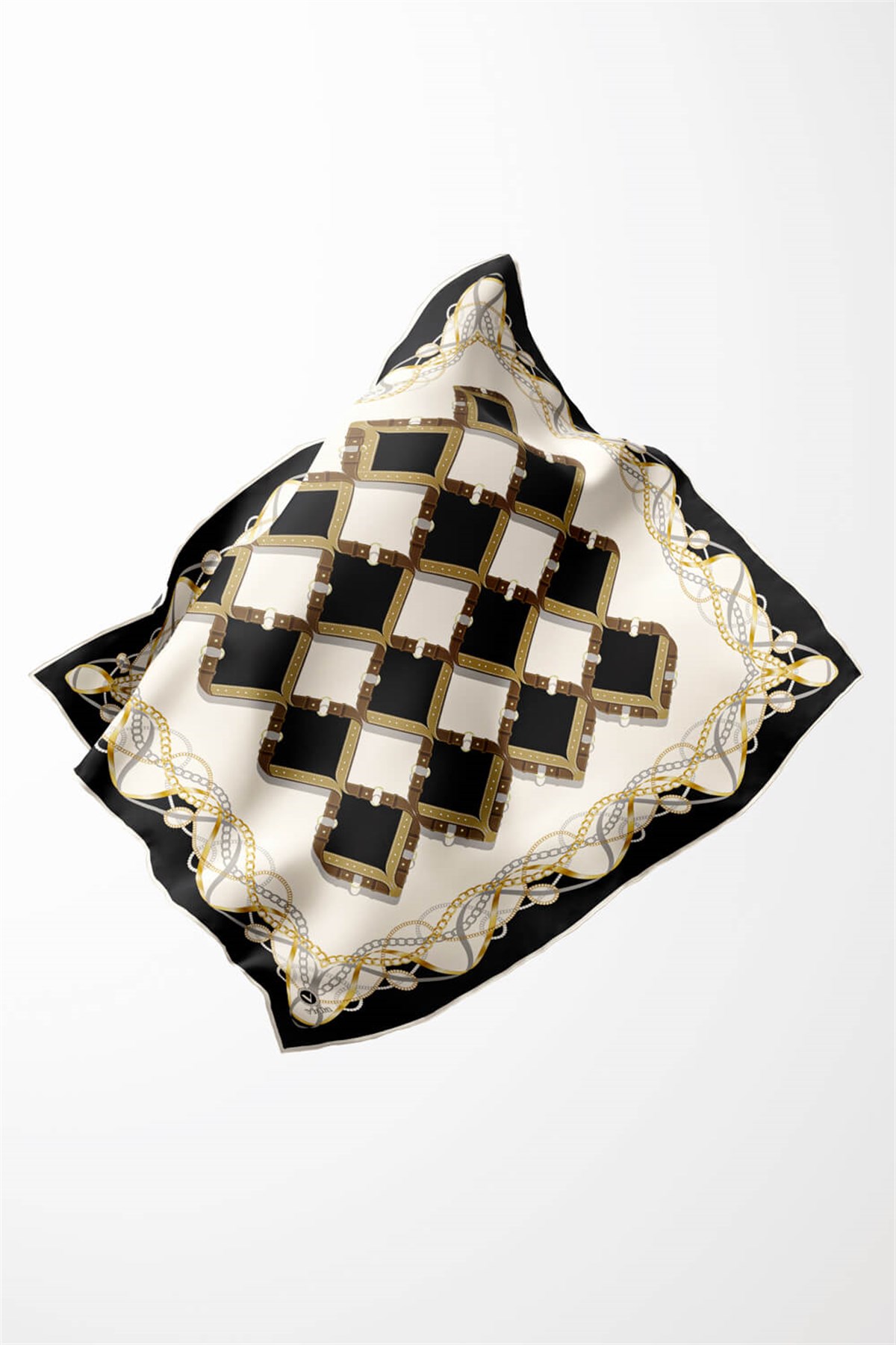 Twill Kemer Ve Zincir Desenli Siyah Renkli 90x90 Eşarp (İpek İçermez) Kenar Dikiş Şekli El Dikişli