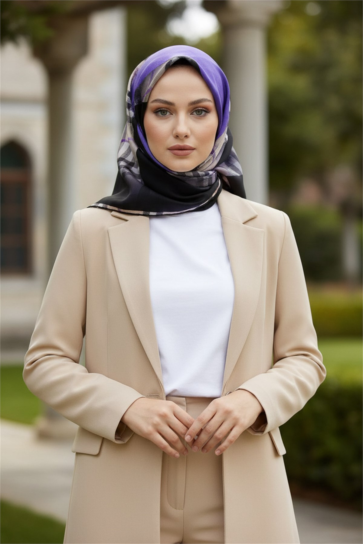 %100 Twill İpek Eşarp 90x90 Mor Siyah Ekose Desenli El Dikişli Kadın Eşarp