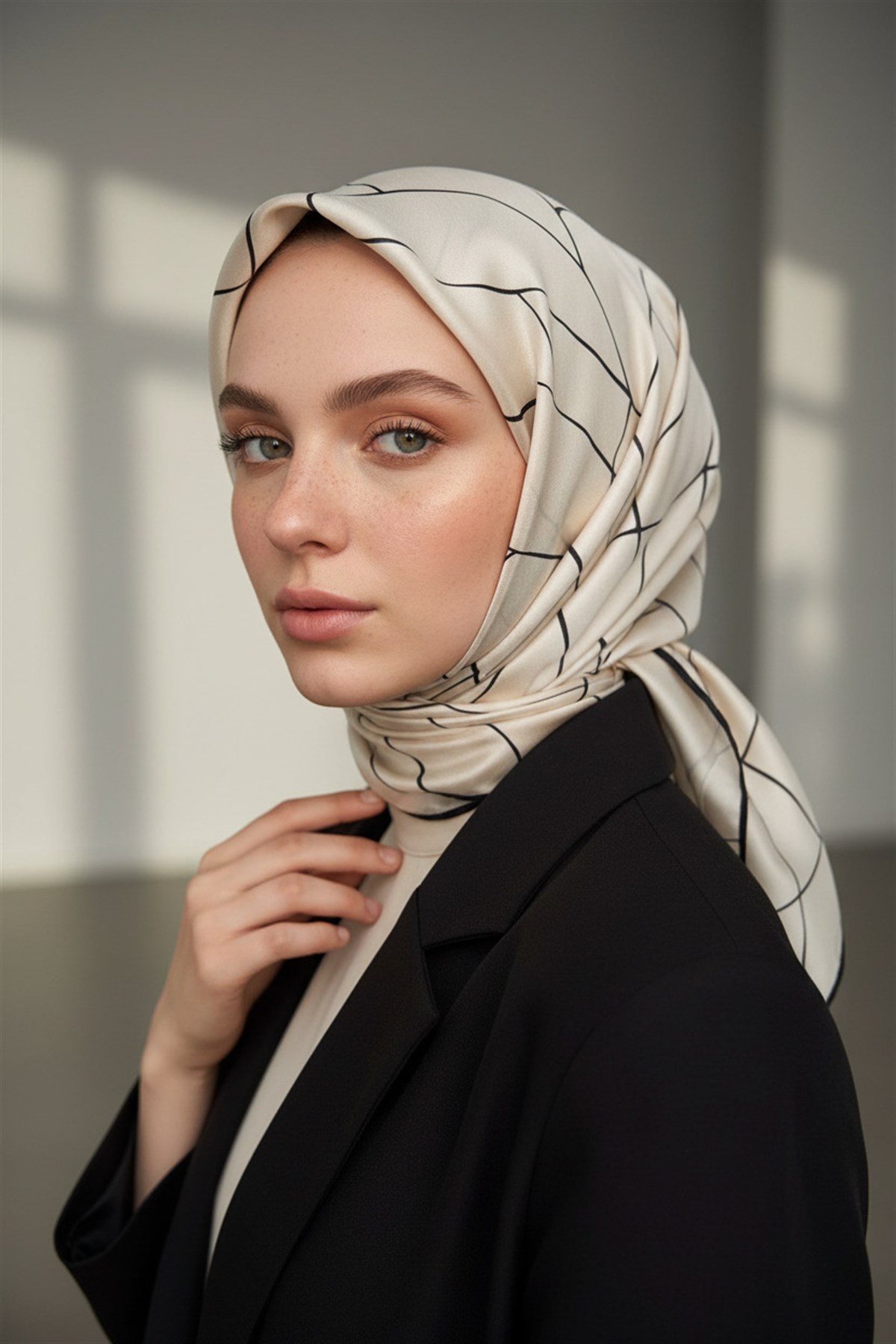 %100 Twill İpek Çizgi Desenli Krem - Siyah Renkli 90x90 Eşarp Dikim Şekli : El Dikişi