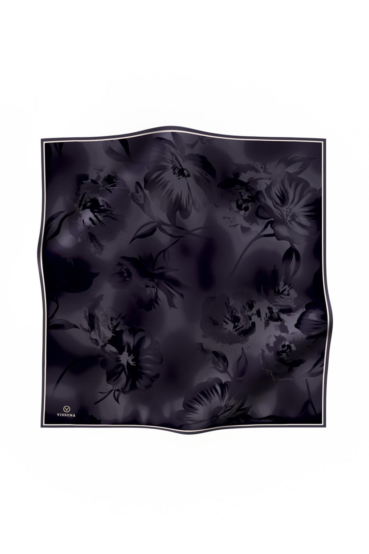 % 57 İPEK % 43 VİSKON Twill İpek Çiçek Desenli Füme Renkli 90x90 Dikim Şekli : El Dikişi Eşarp