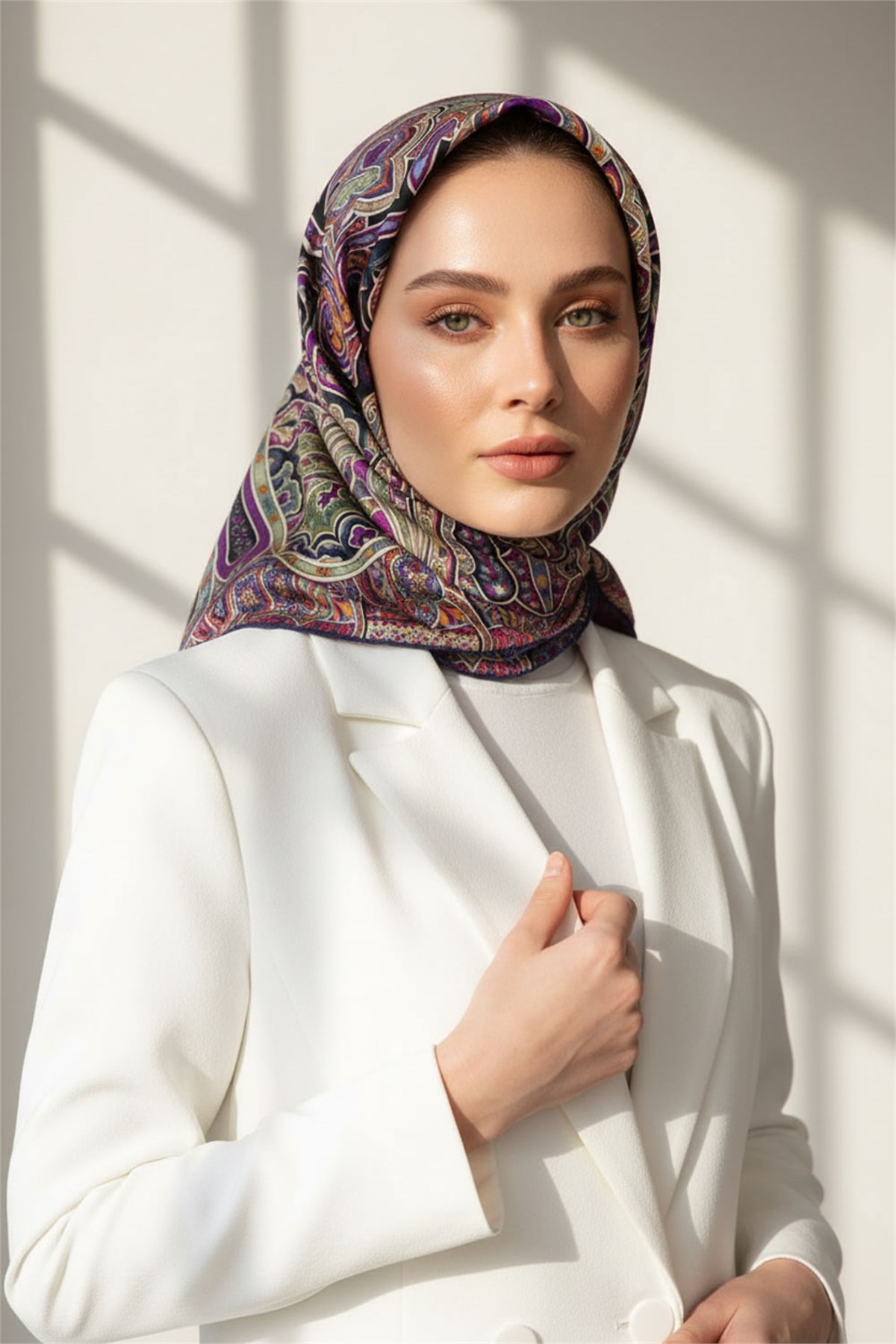 100% Twill İpek Etnik Desenli Lacivert - Haki Renkli 90x90 Dikim Şekli : El Dikişi Eşarp
