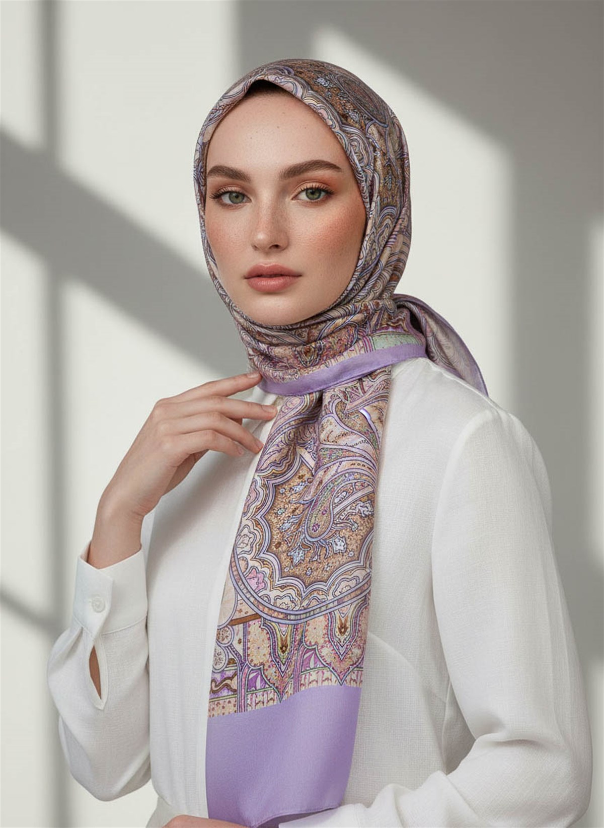 %100 Saf İpek Şal İnce Saten Vual Dokuma Etnik Desenli Lila - Bej Renkli 90x210 Şal