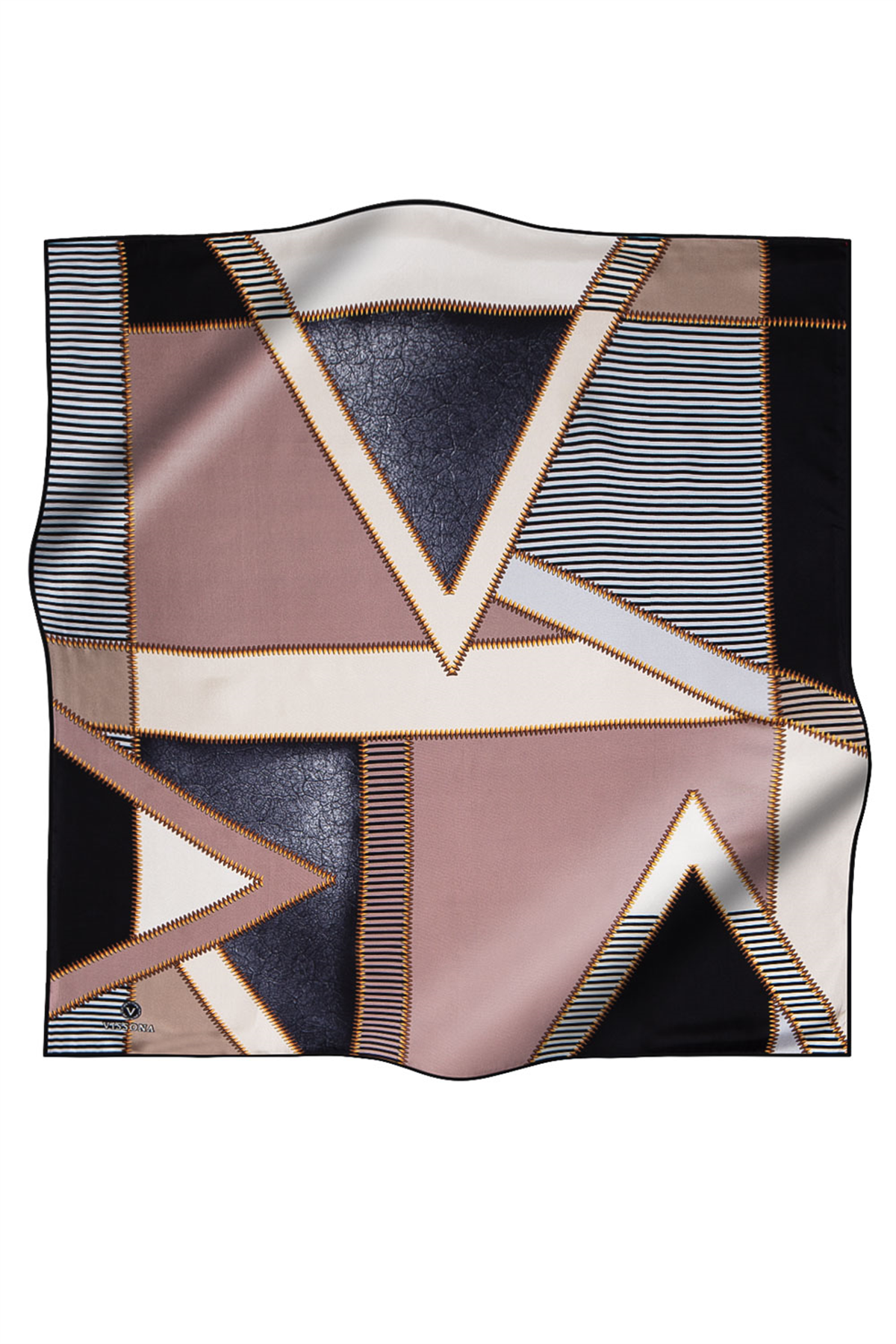 % 57 İPEK % 43 VİSKON Twill İpek Geometrik Desenli Sütlü Kahve - Krem Renkli 90x90 Eşarp Dikim Şekli : El Dikişi