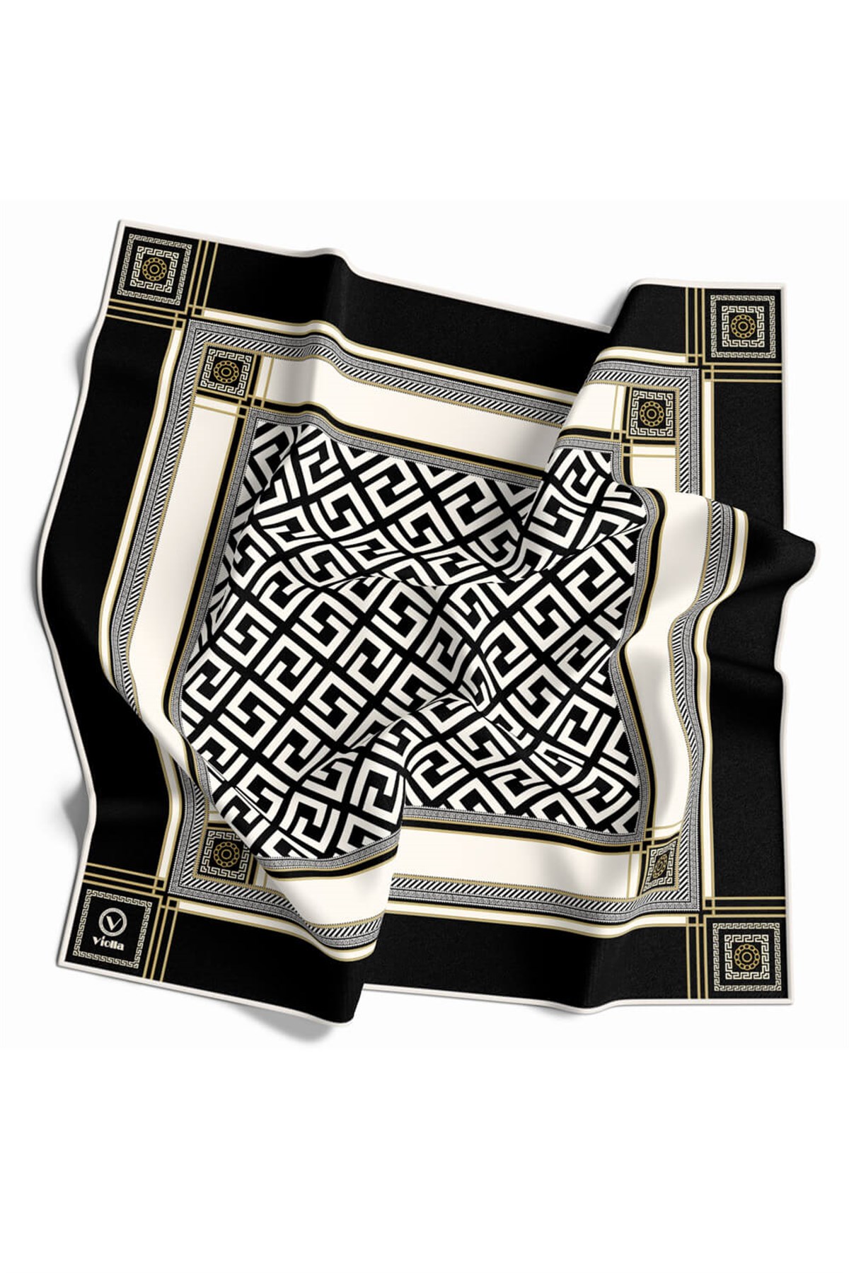 Twill Antik Desenli Siyah - Krem Renkli 90x90 Eşarp (İpek İçermez) Kenar Dikiş Şekli El Dikişli