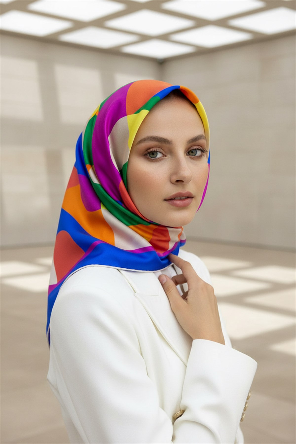 %100 Twill Renk Bloklu Çizgili Desenli Saks - Turuncu Renkli 90x90 Eşarp Dikim Şekli: El Dikişii