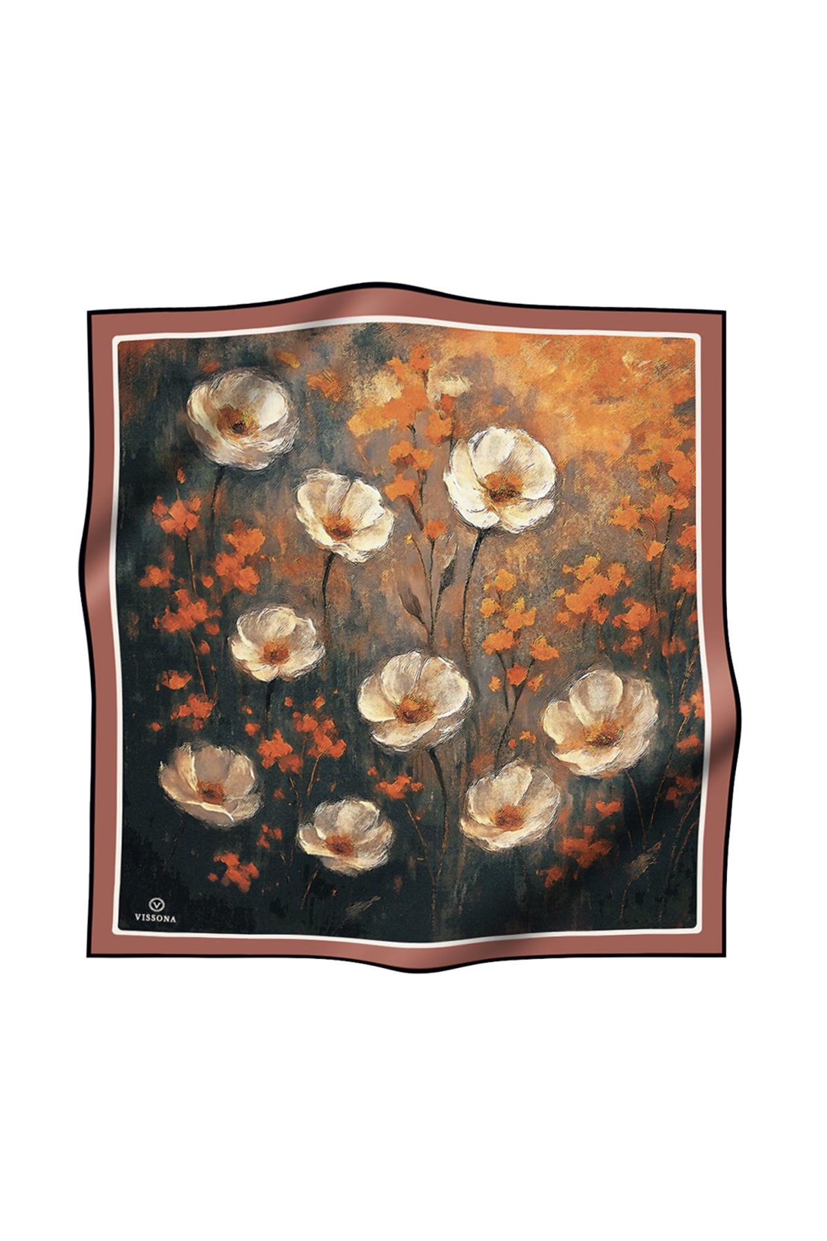 %100 Twill İpek Yağlı Boya Çiçek Desenli Taba - Petrol Yeşili Renkli 90x90 Eşarp Dikim Şekli : El Dikişi