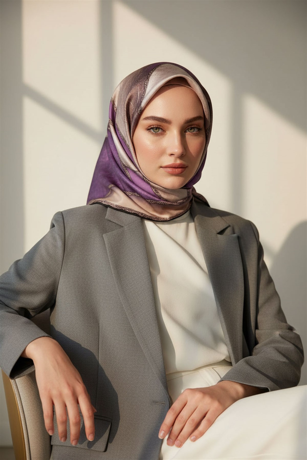 % 57 İPEK % 43 VİSKON Twill İpek Dokulu Geometrik Desenli Lila - Bej Renkli 90x90 Eşarp Dikim Şekli : El Dikişi