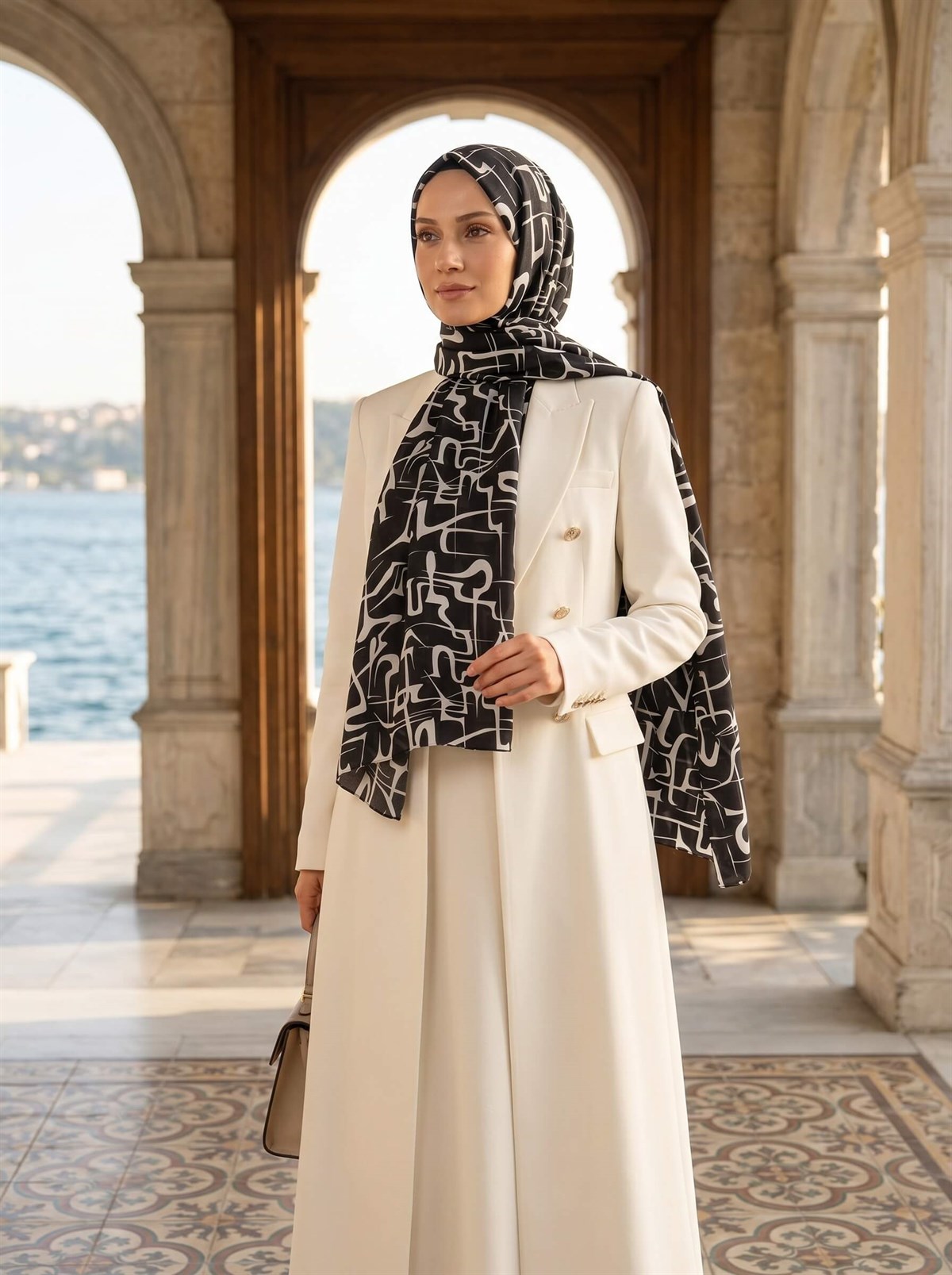 %100 Saf İpek Şal İnce Saten Vual Dokuma Çizgili Desenli Siyah Renkli 90x210 Şal